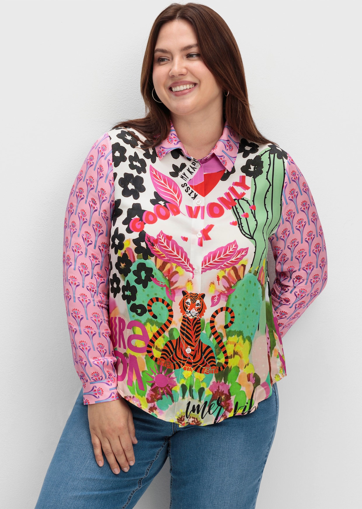 sheego loves miss goodlife Hemdbluse - blattgrün-gemustert