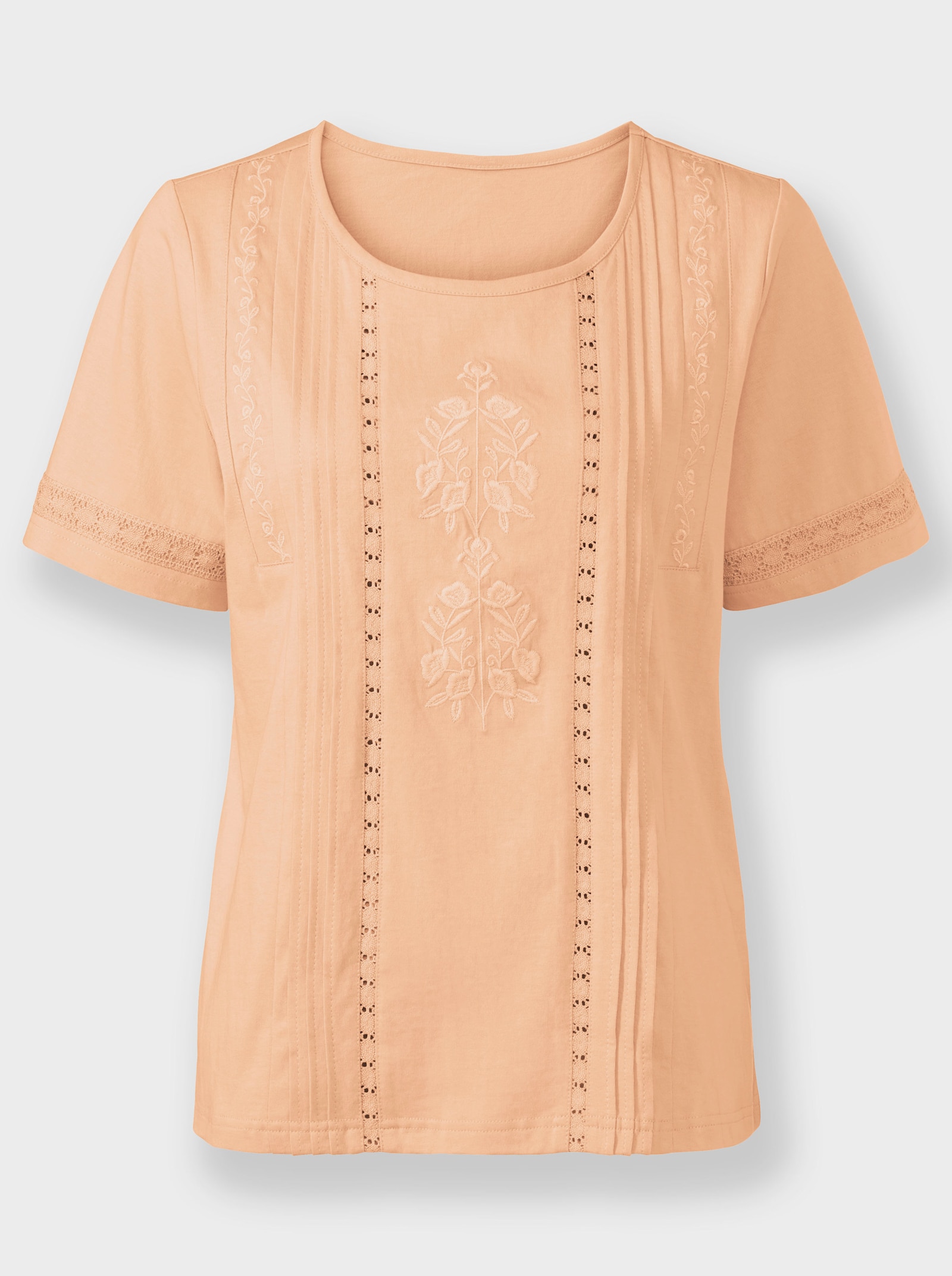 Kurzarmshirt mit Stickerei und Biesen - apricot