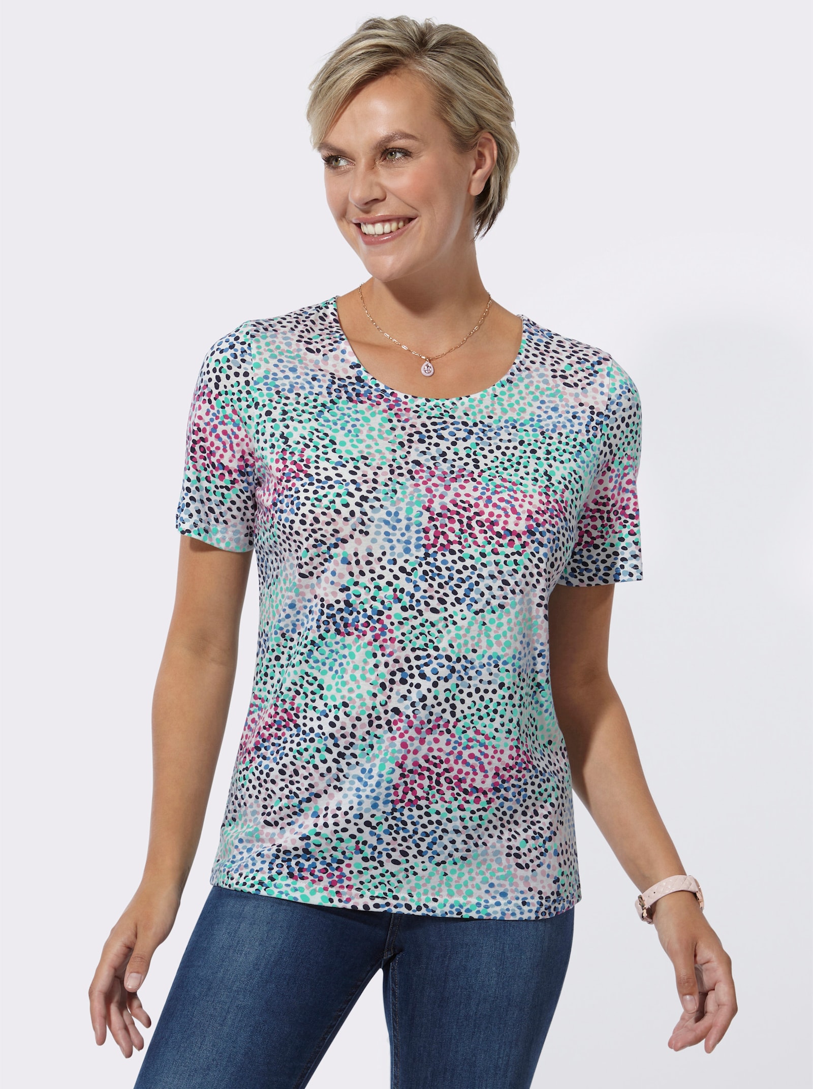 Rundhalsshirt mit grafischem Dessin - fuchsia-mittelblau-bedruckt