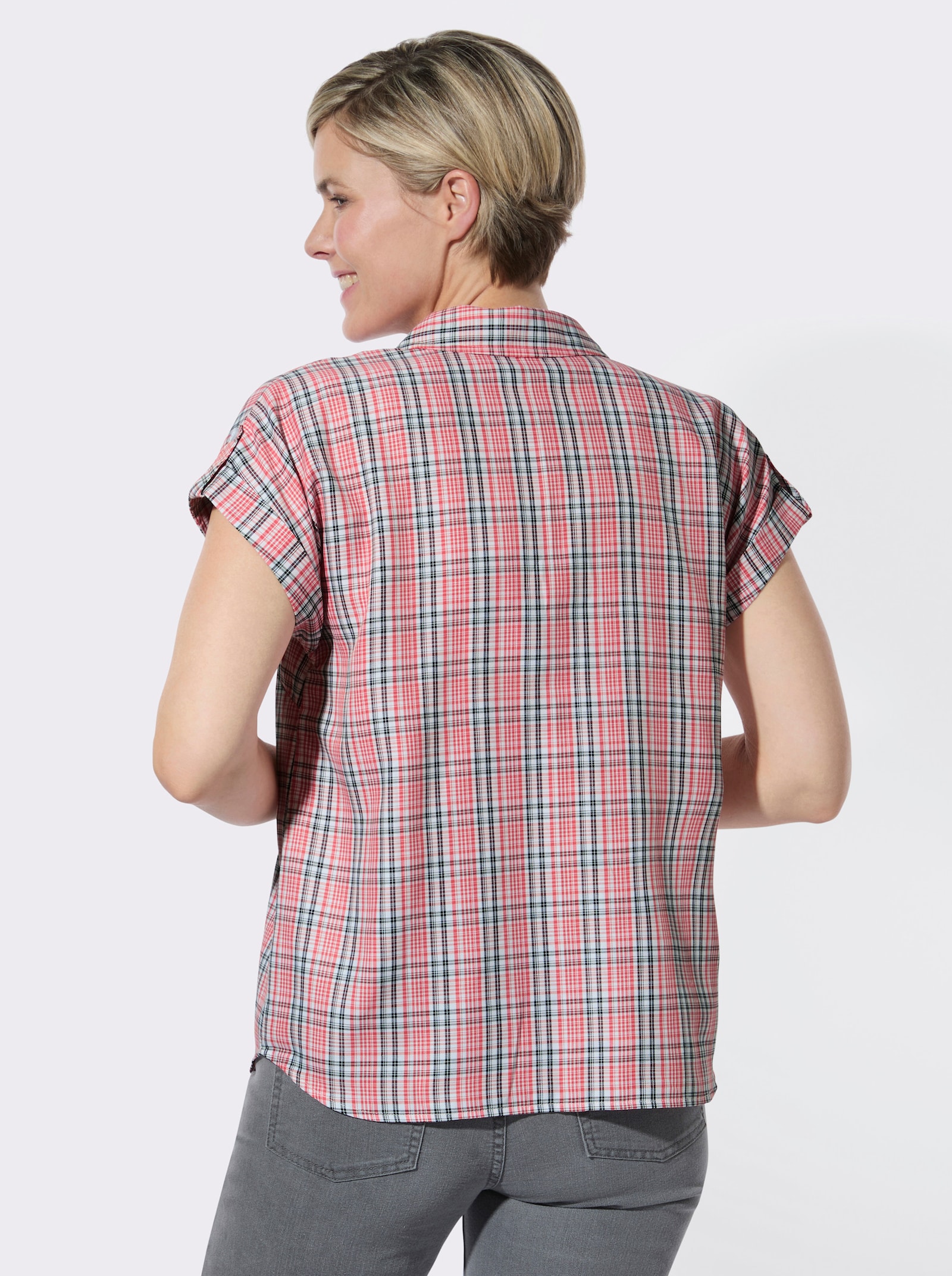 Karobluse mit Hemdkragen - koralle-weiß-kariert