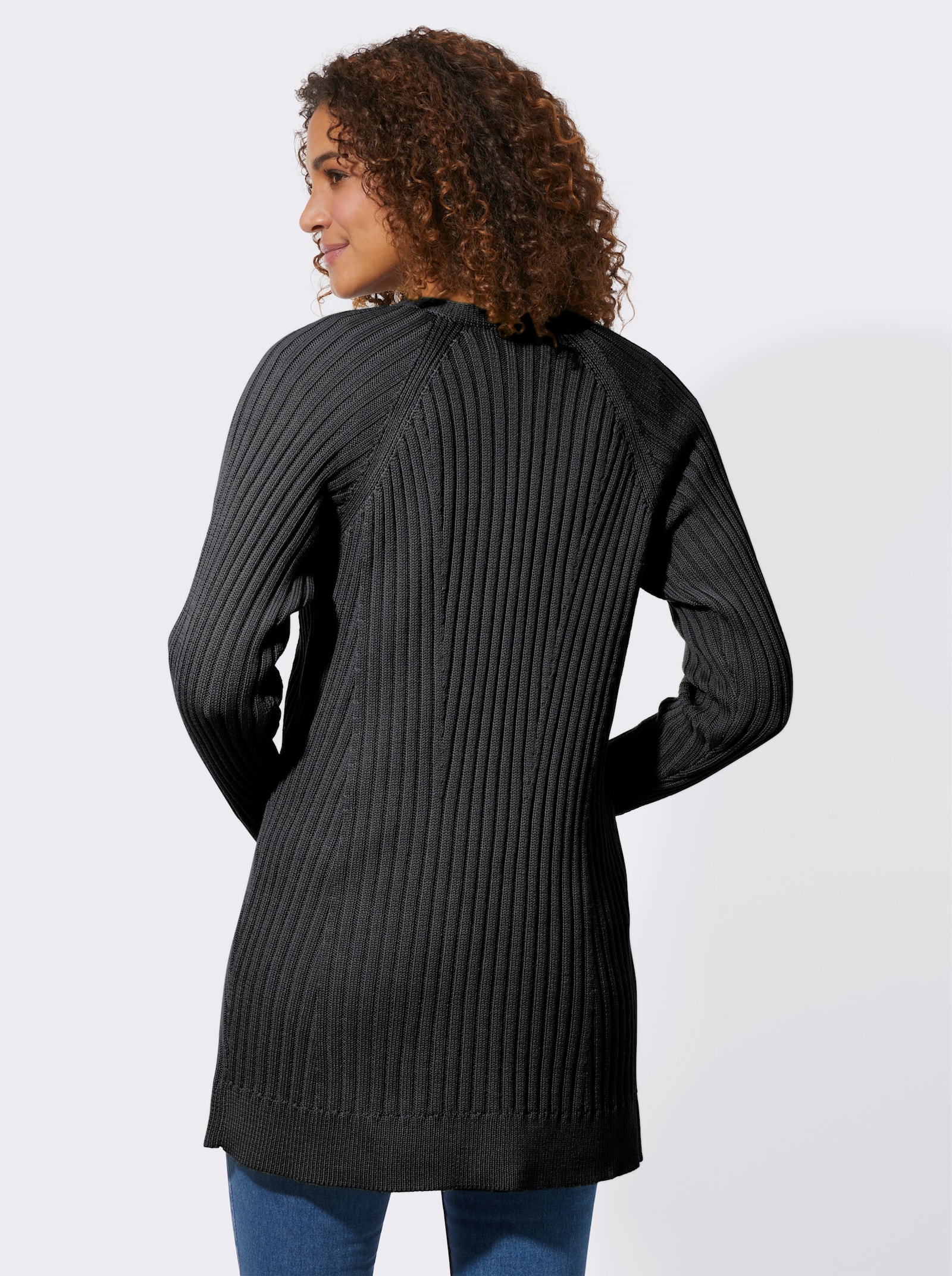 Longstrickjacke in Ripp-Optik - schwarz