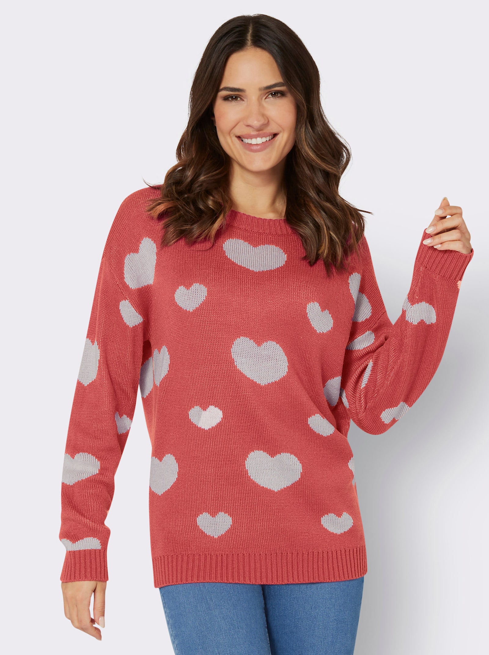 Langarm-Pullover im Herzchen-Dessin - grapefruit-ecru-gemustert