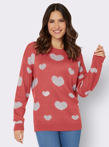 Langarm-Pullover im Herzchen-Dessin - grapefruit-ecru-gemustert