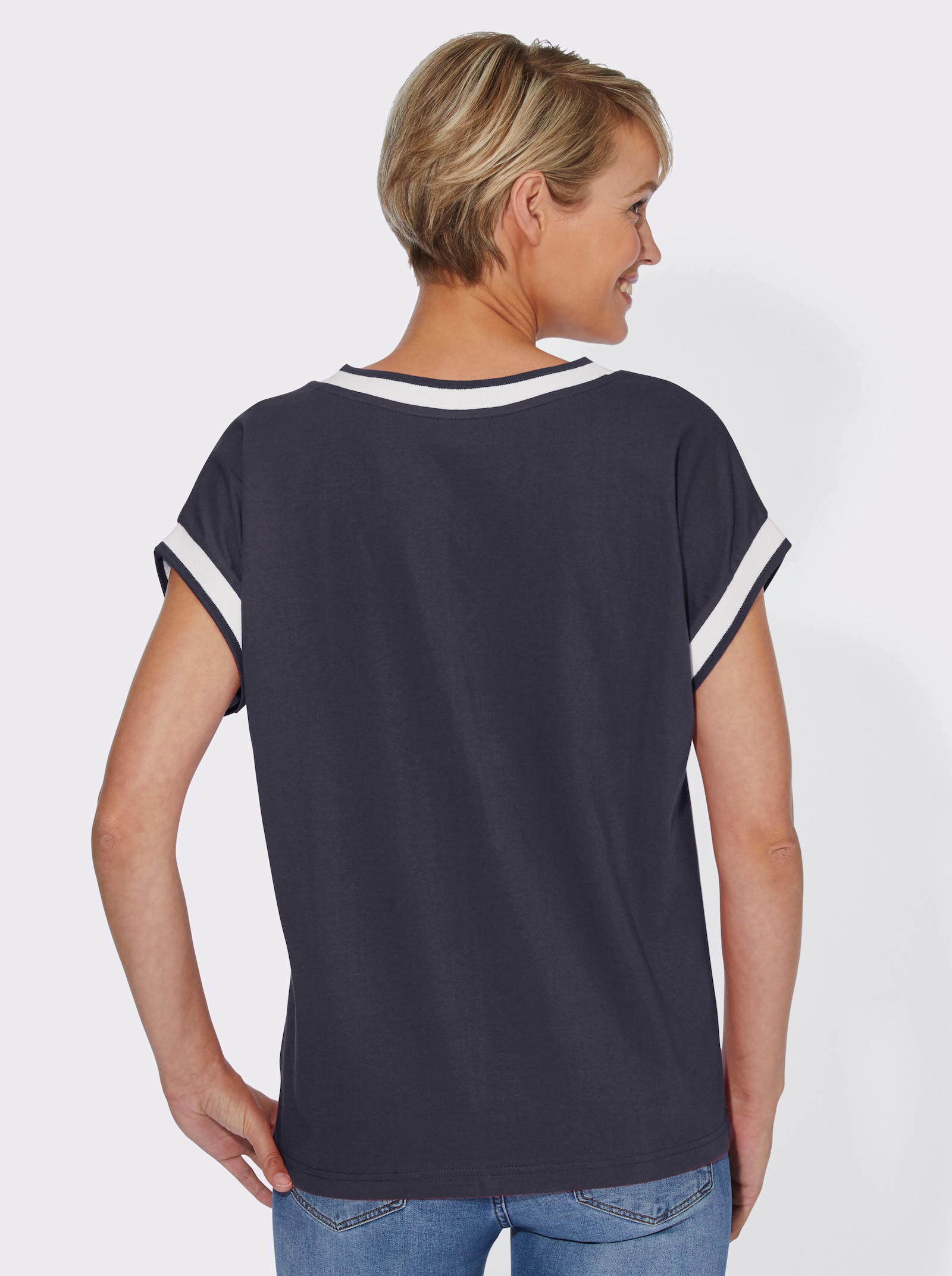 Kurzarmshirt mit Zierband - marine