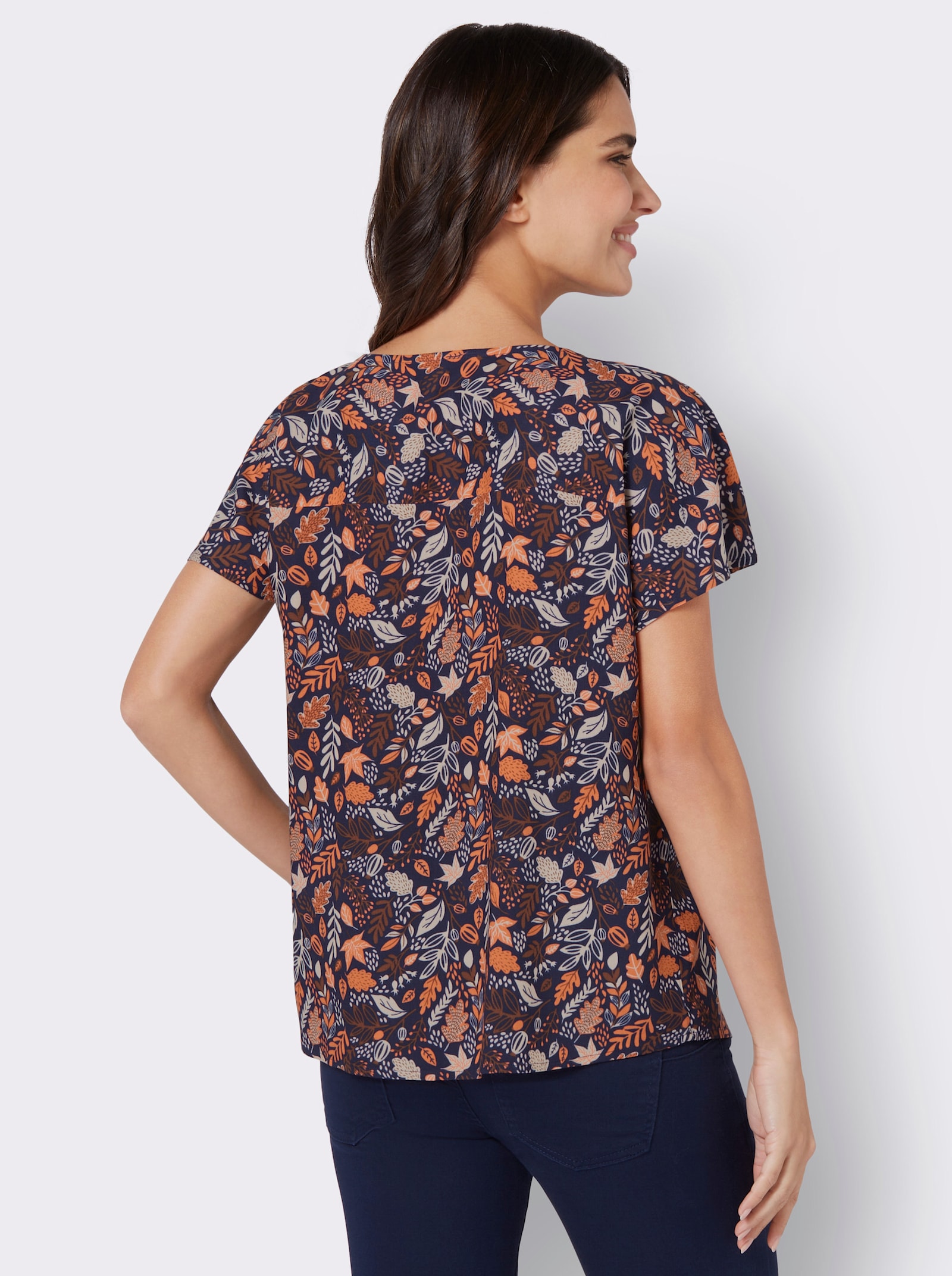 Comfortblouse met bladerprint - marine/papaja bedrukt