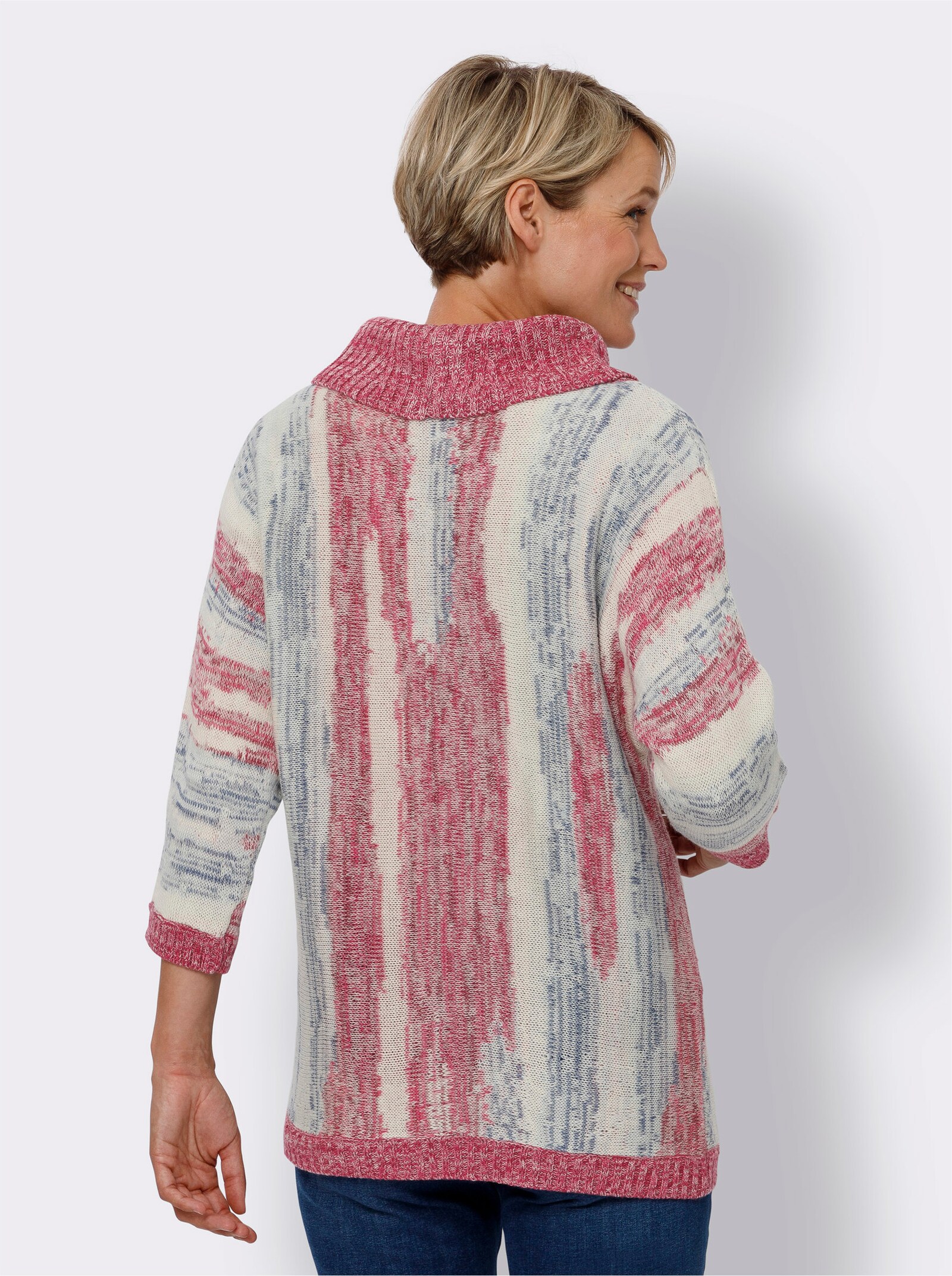 Svetr s rolákovým límcem a žakárovým proužkovaným vzorem - šampaňská-džínová modrá-vzor