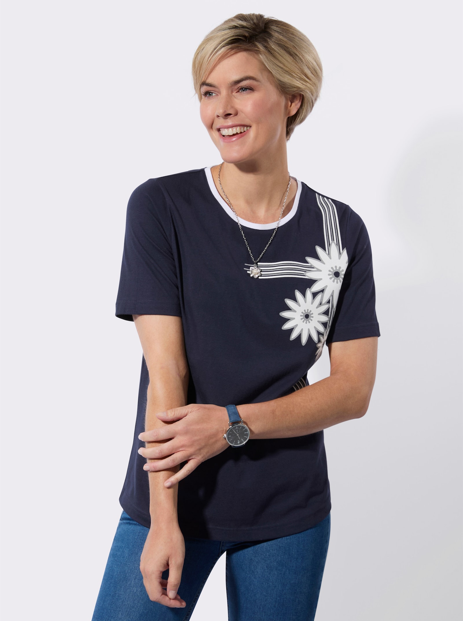 Kurzarmshirt mit platziertem Blütenprint - marine