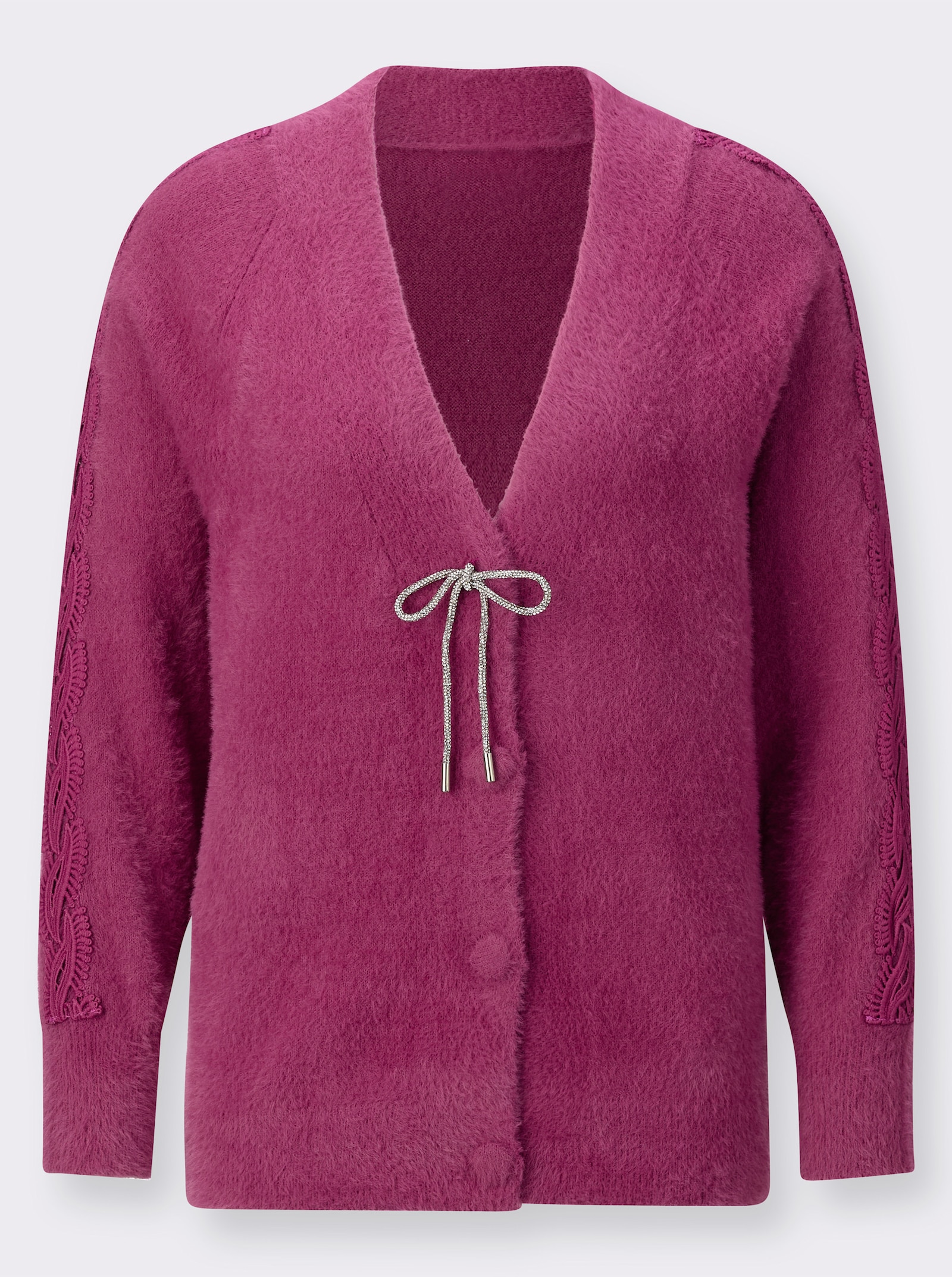 Jack van fijntricot met kanten band in vlechtlook - heide