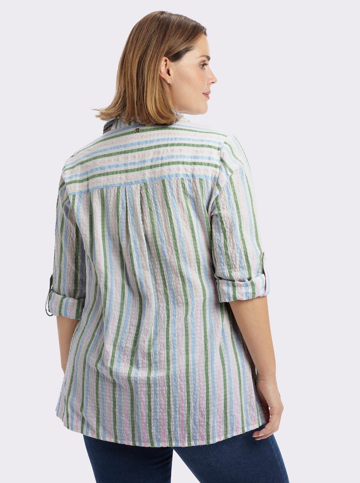 sheego Gestreifte Bluse in Seersucker-Qualität - weiß-hellrosé-gestreift