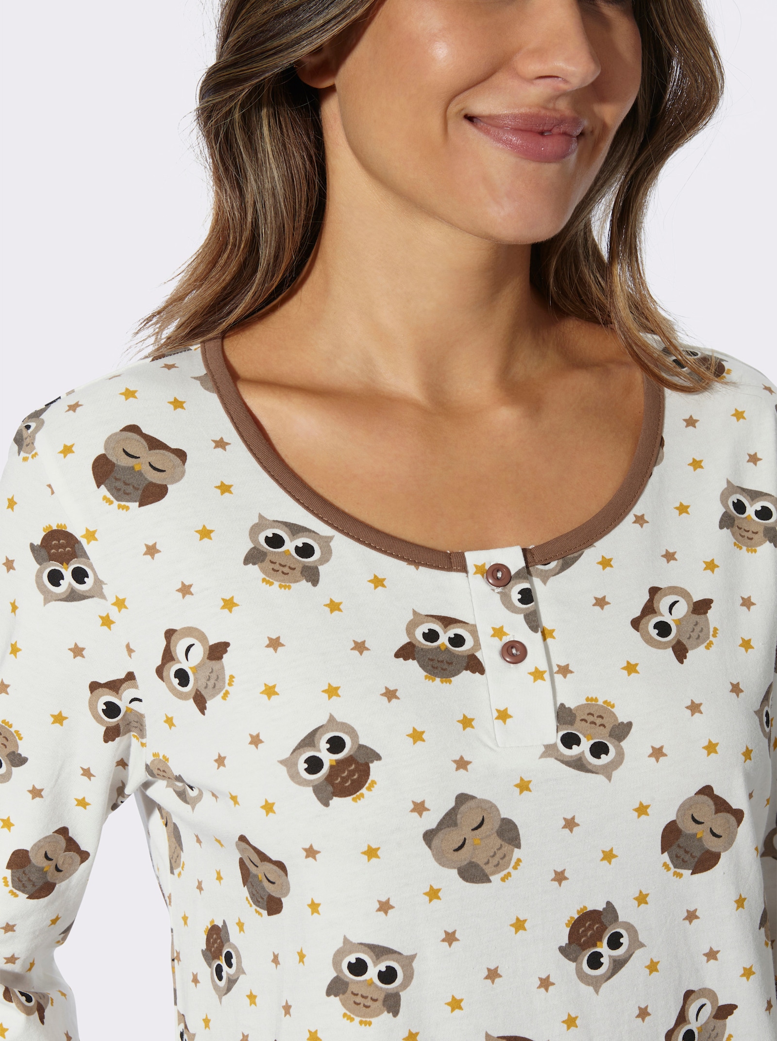 Nachthemd mit Eulen-Druck allover - ecru-braun-bedruckt
