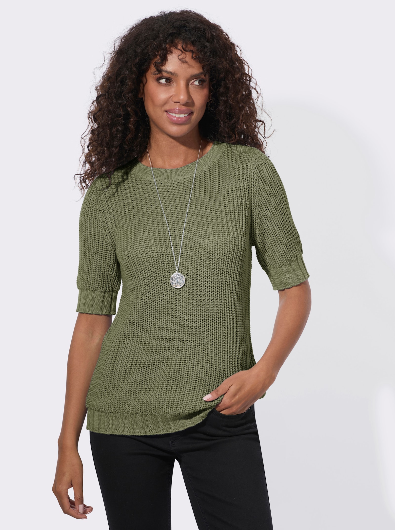  Kurzarmpullover mit Strickmuster - khaki