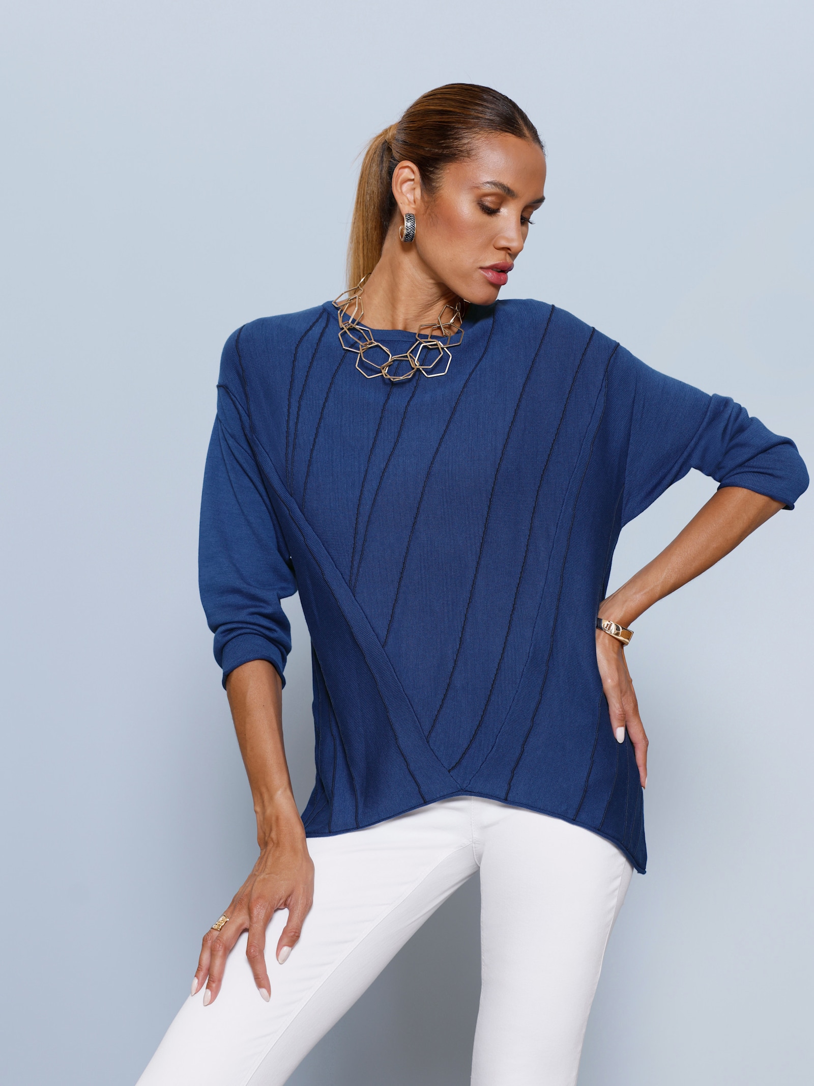 Longpullover mit asymmetrischem Saum - royalblau-marine-gemustert