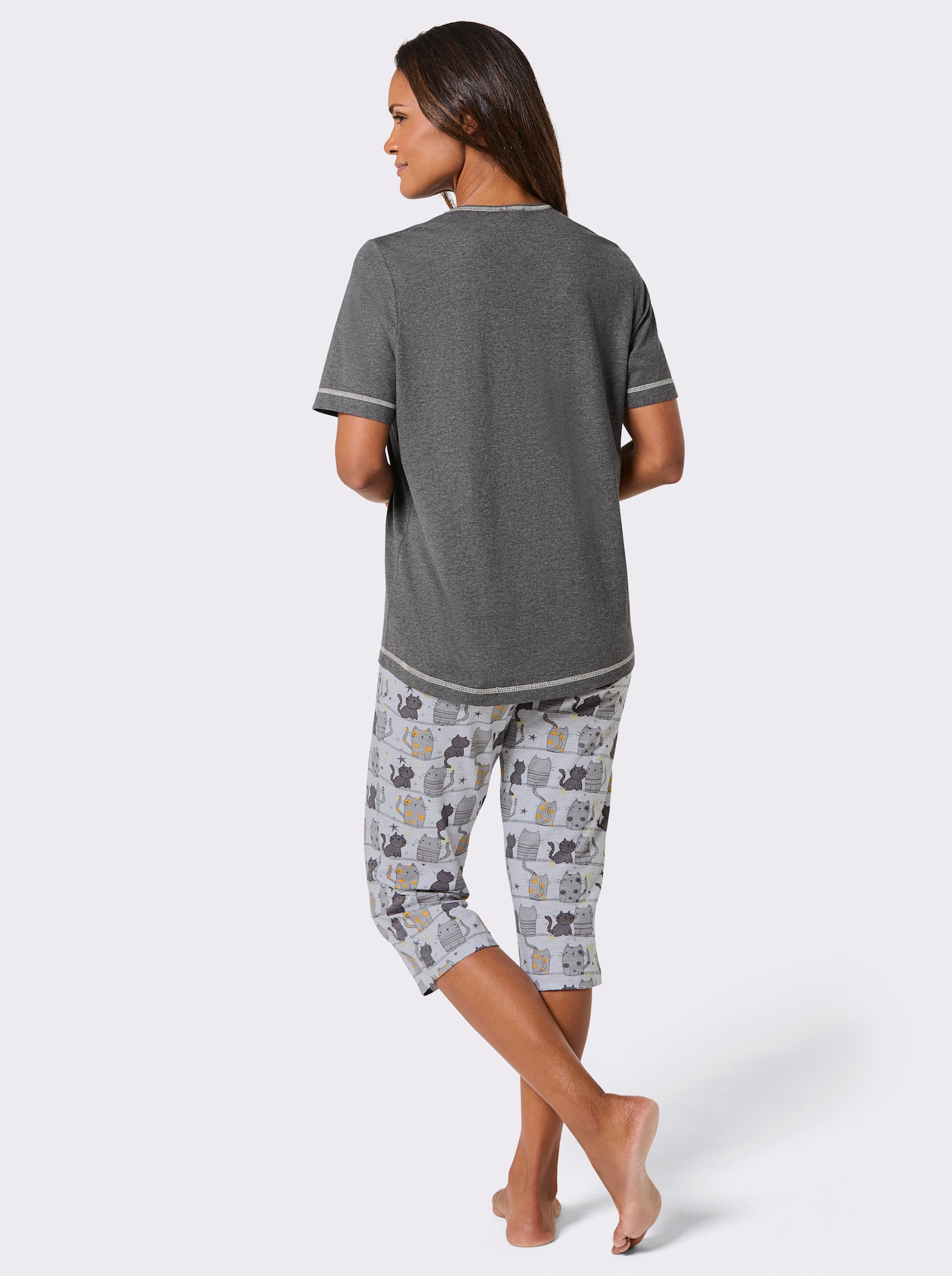 wäschepur Capri-pyjama met kattenprint - antraciet/grijs geprint