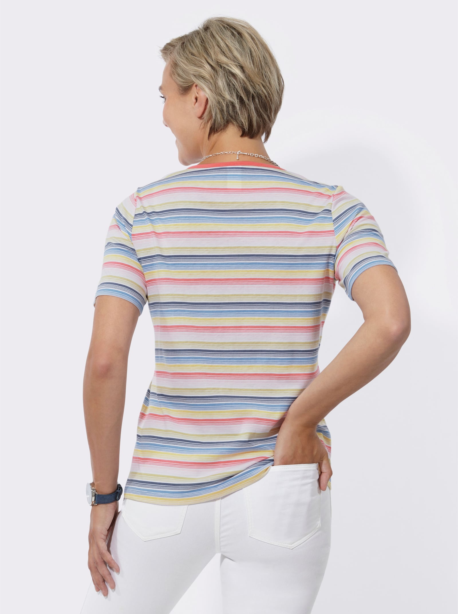 Ringelshirt mit V-Ausschnitt, paspeliert - flamingo-rauchblau-geringelt