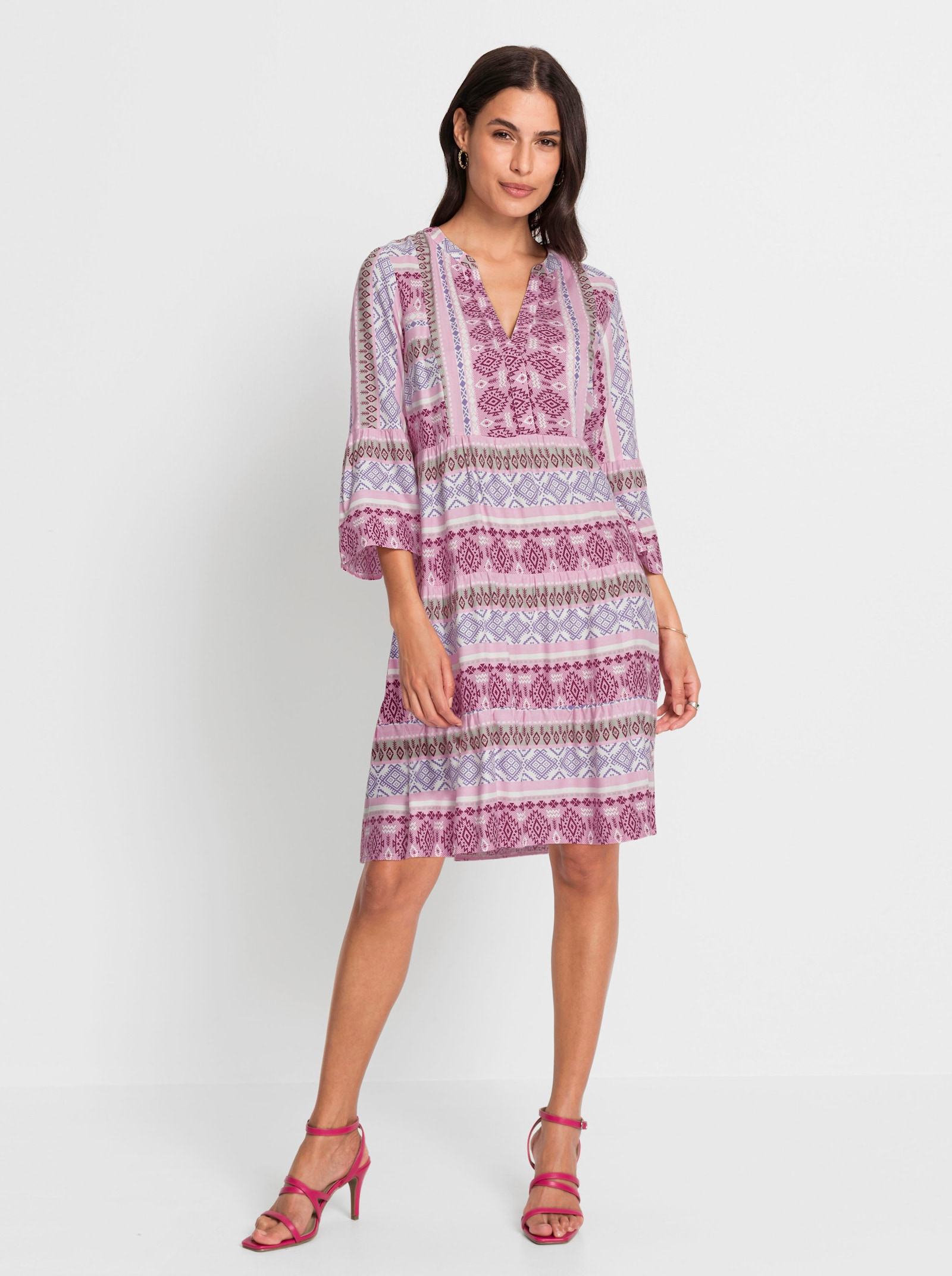 Druckkleid mit Volant-Ärmeln - rosé-malve-gemustert