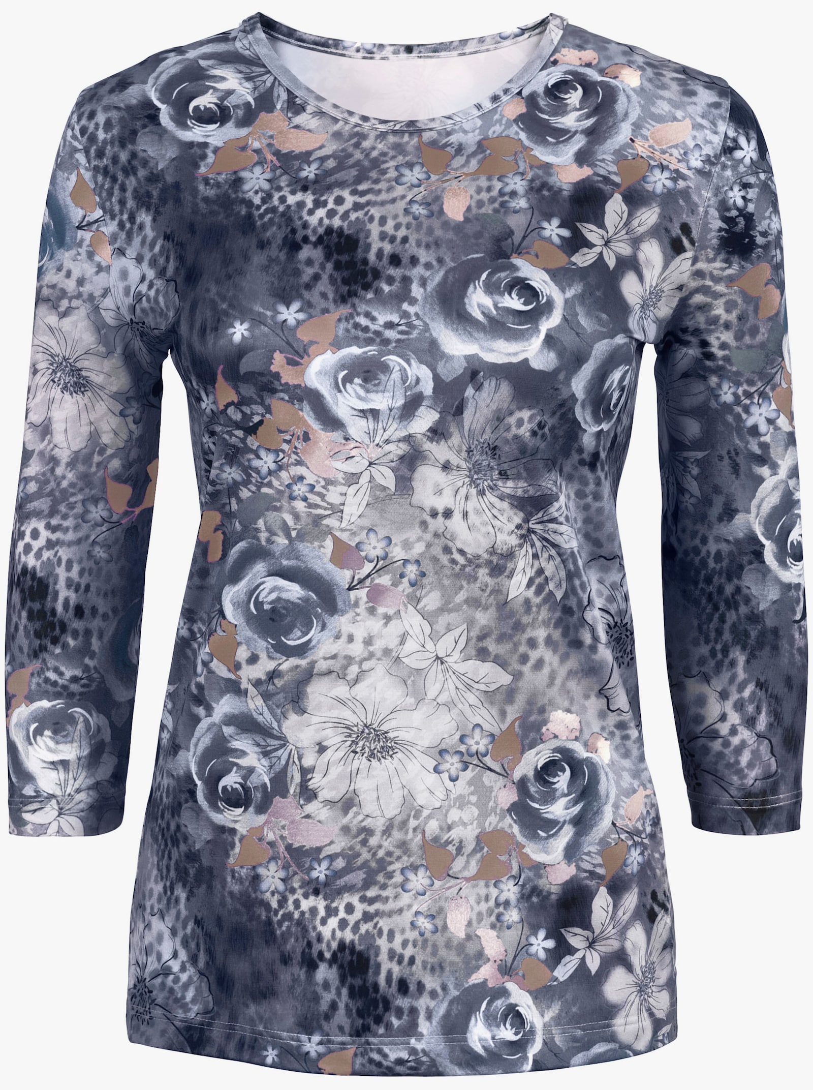 3/4-Arm-Shirt mit Floral-Druck - grau-camel-bedruckt