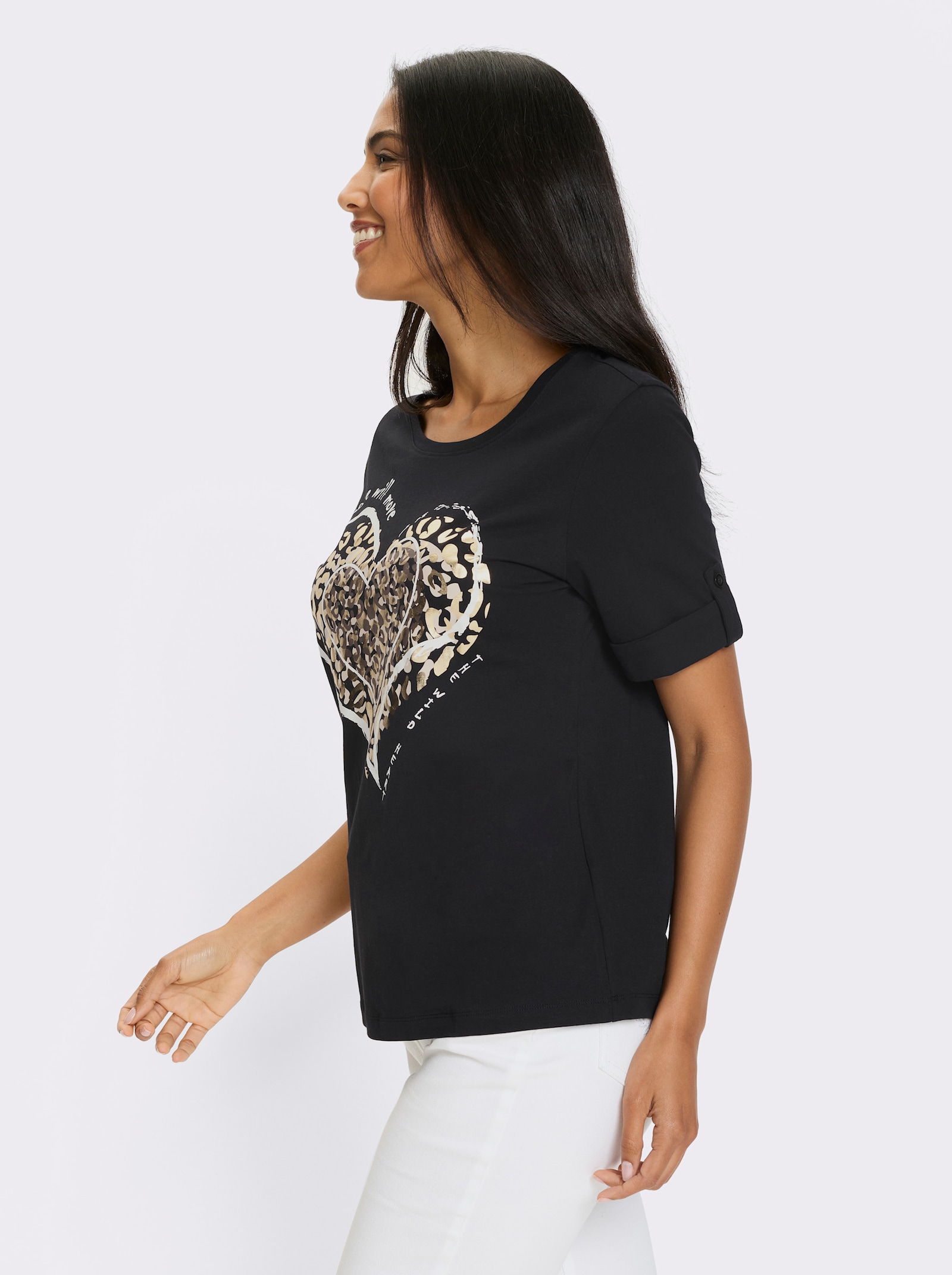 Kurzarmshirt mit Leo-Print - schwarz-goldfarben