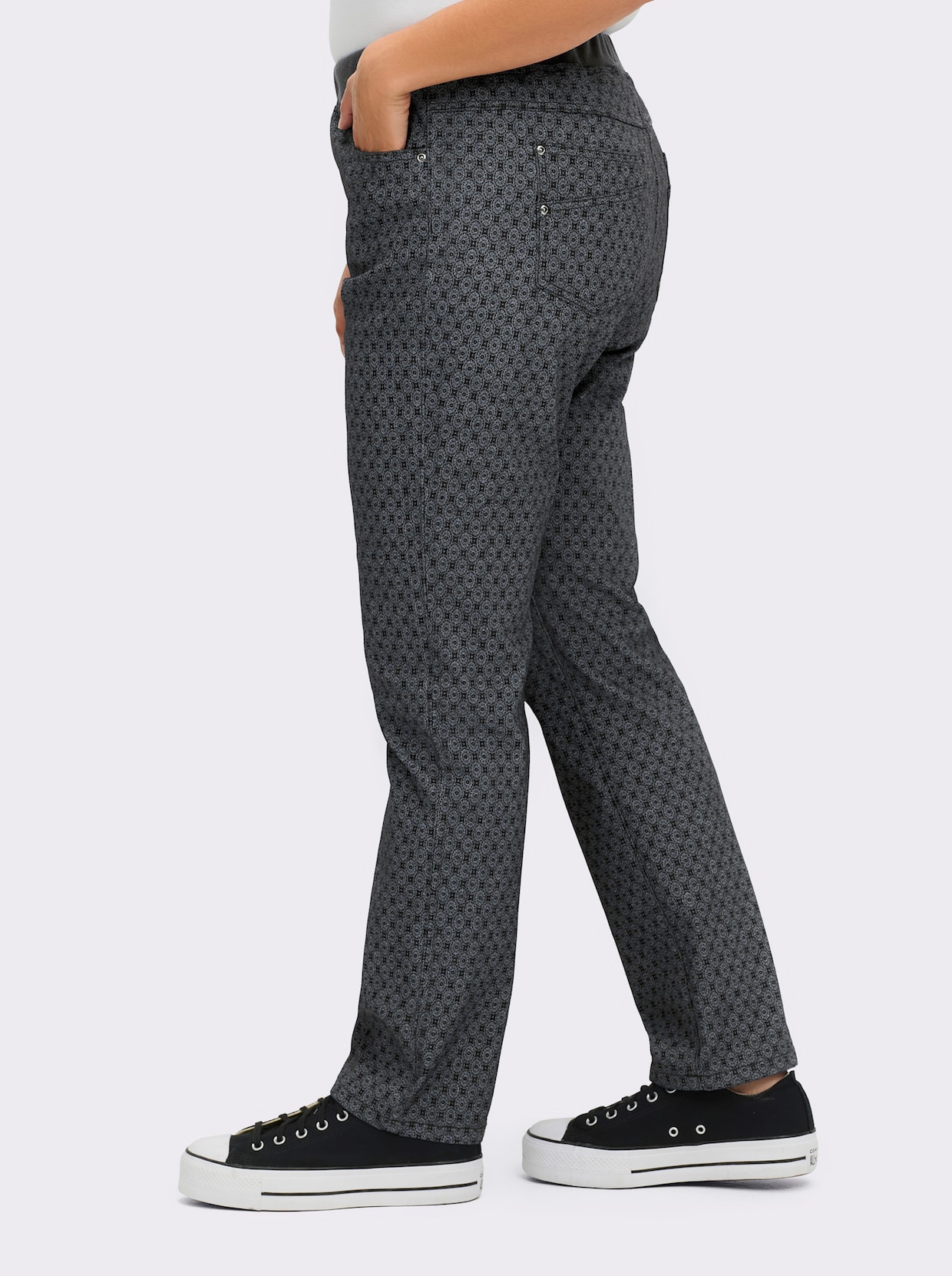 Schlupfjeans mit geripptem Strick-Dehnbund - grey-denim-bedruckt