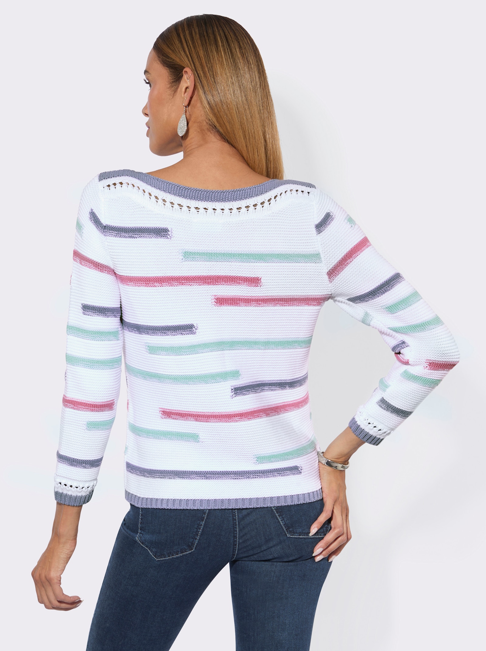 Langarm-Pullover mit U-Boot-Ausschnitt - weiß-taubenblau-geringelt