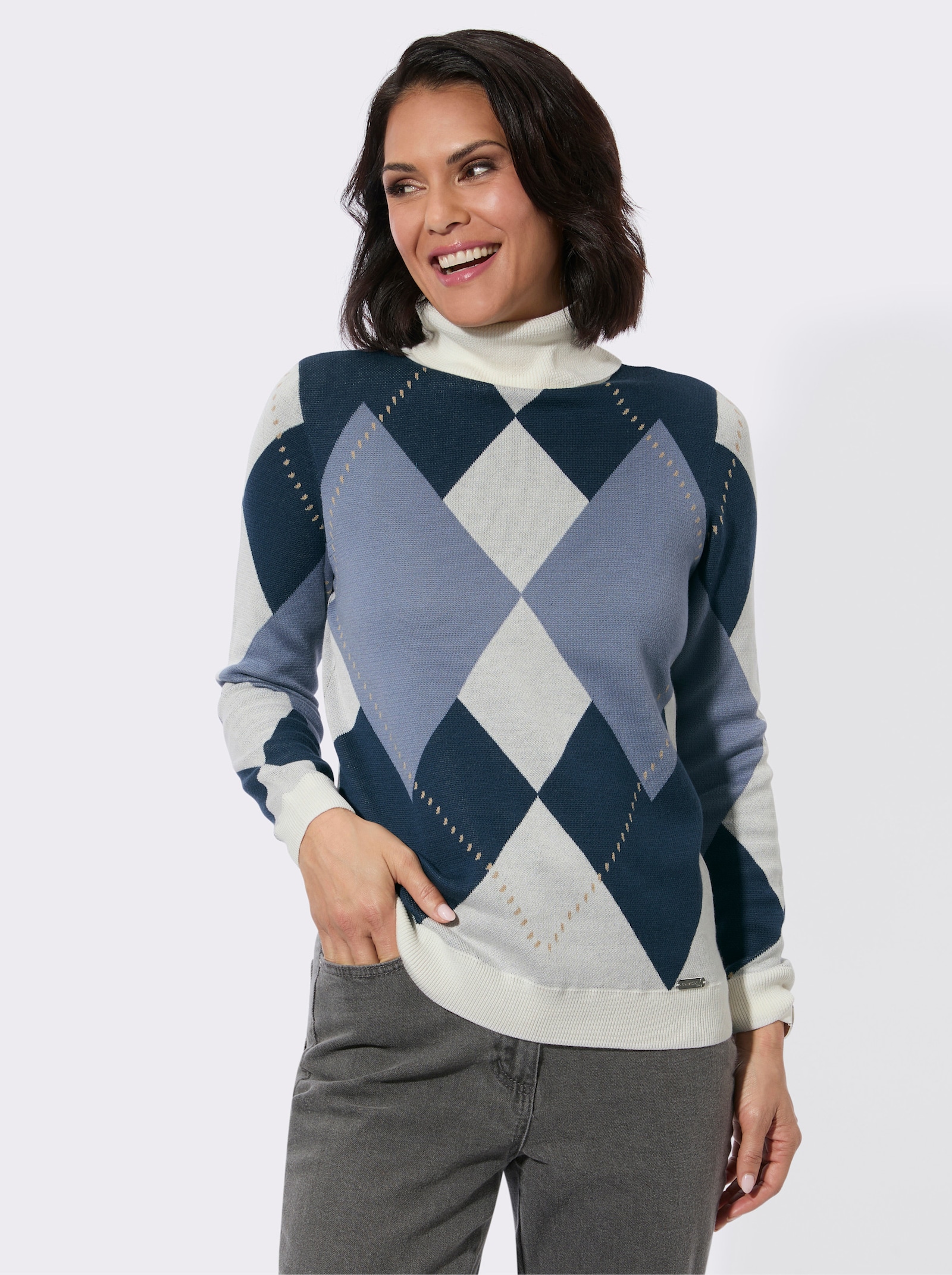 Rollkragenpullover mit Jacquard-Muster - dunkelblau-ecru