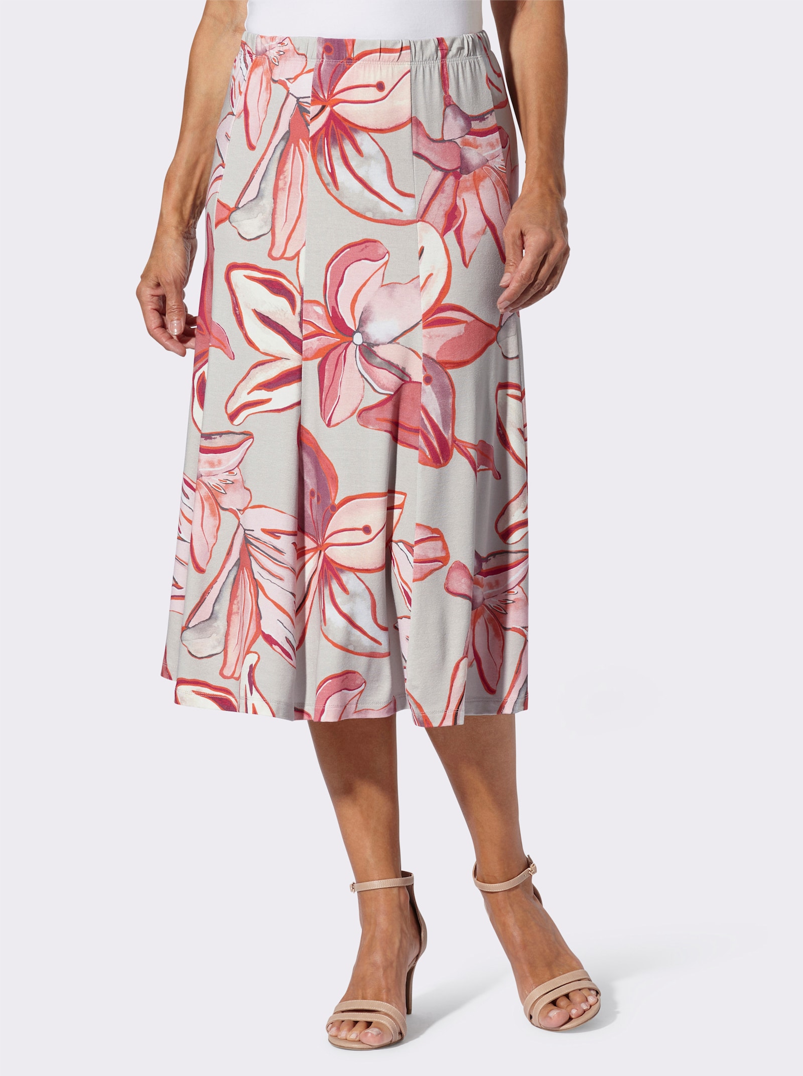 Jerseyrok met bloemdessin - lichtgrijs/koraal bedrukt