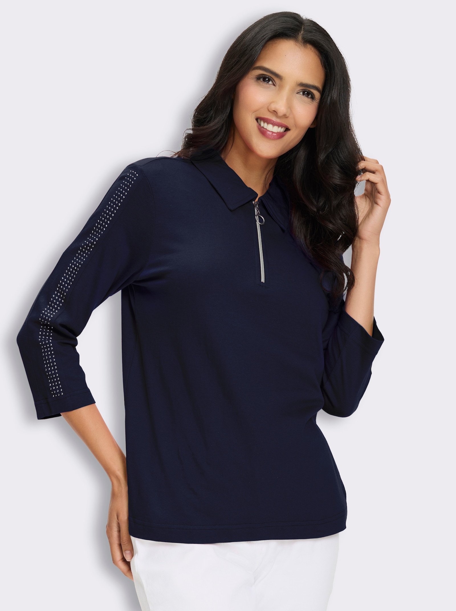 Poloshirt mit Glitzersteinchen - marine