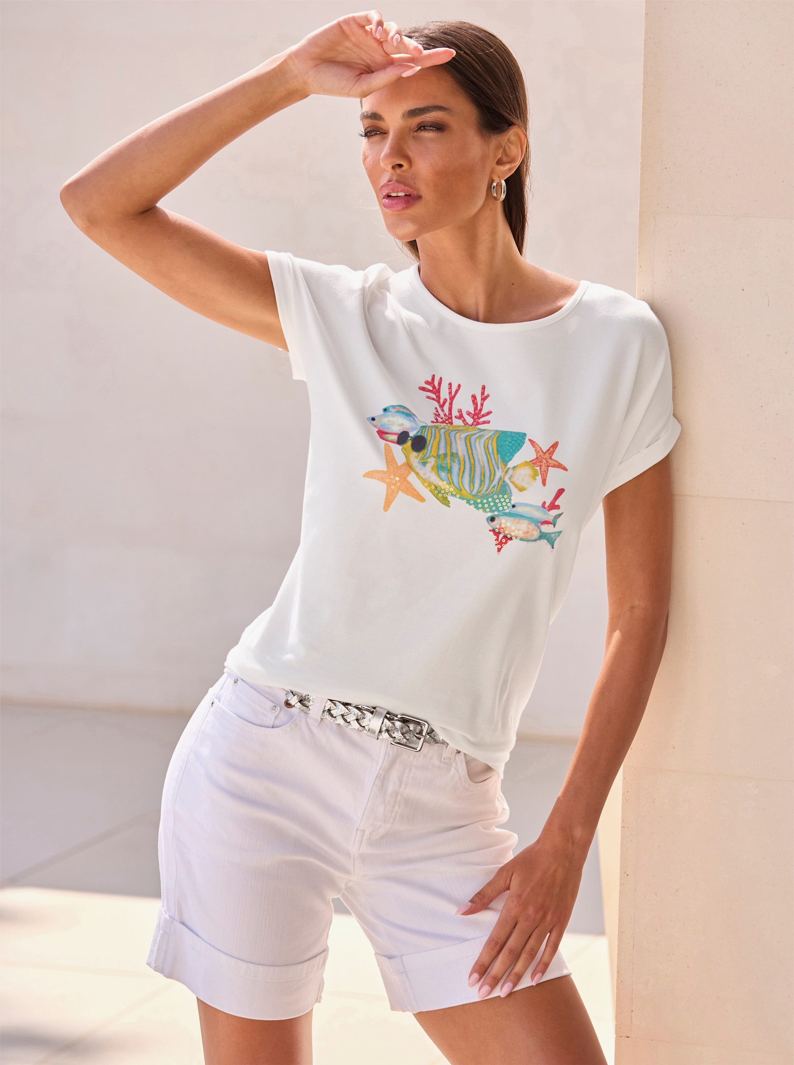 heine T-Shirt mit Pailetten - ecru