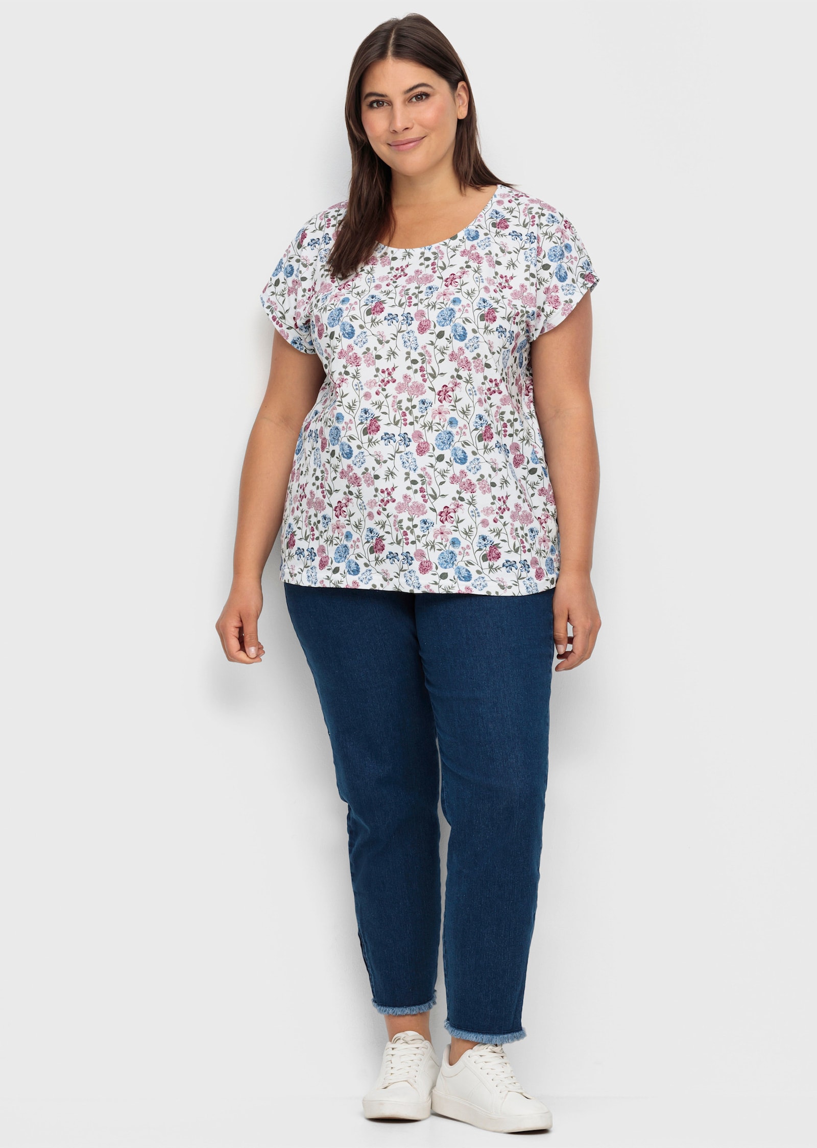 Kurzarmshirt mit überschnittenen Schultern - weiß-bedruckt