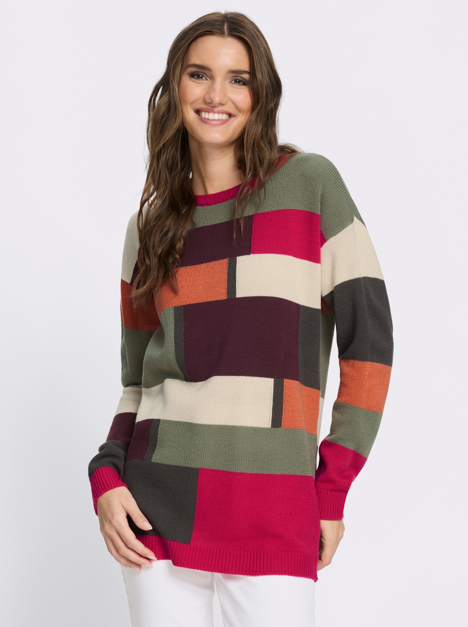 Longpullover mit Colour Blocking-Muster - khaki-pink-gemustert