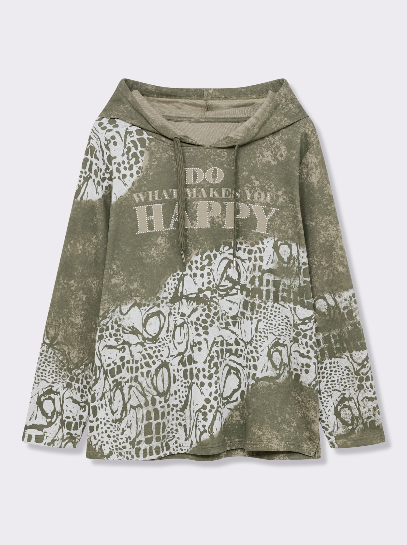 Sweatshirt mit Print und Glitzersteinchen - khaki-ecru-bedruckt