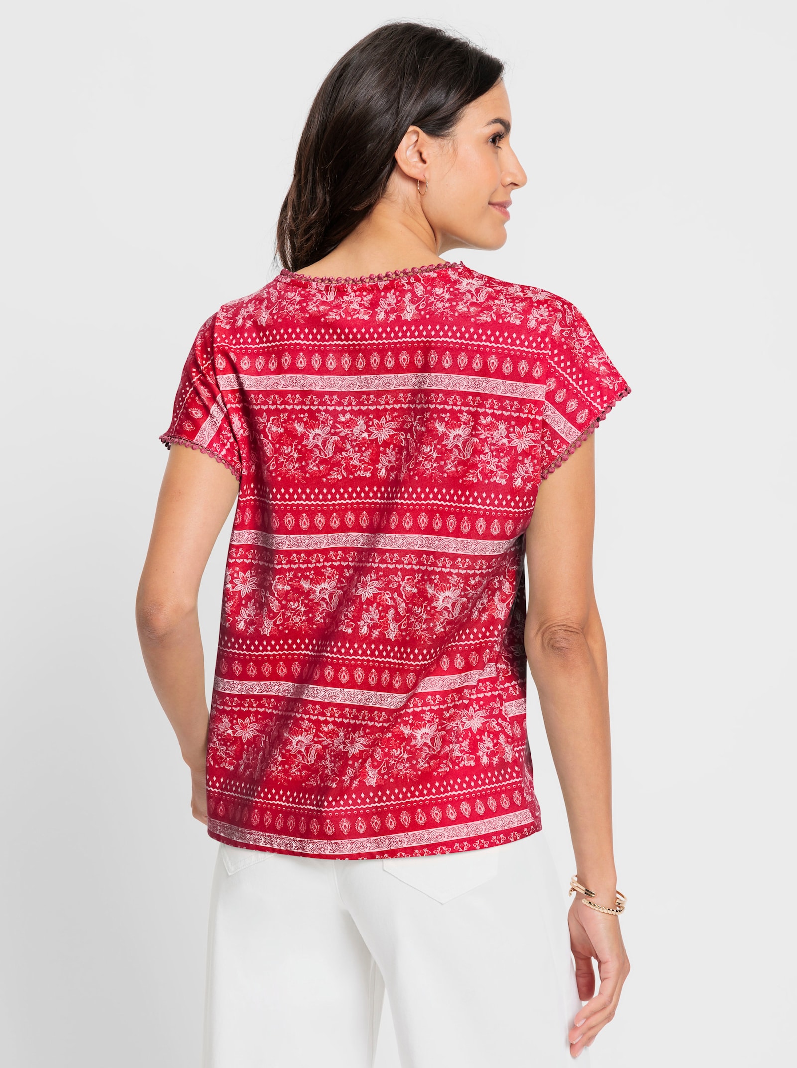 Print-Shirt mit Spitzenborte - erdbeere-ecru-bedruckt