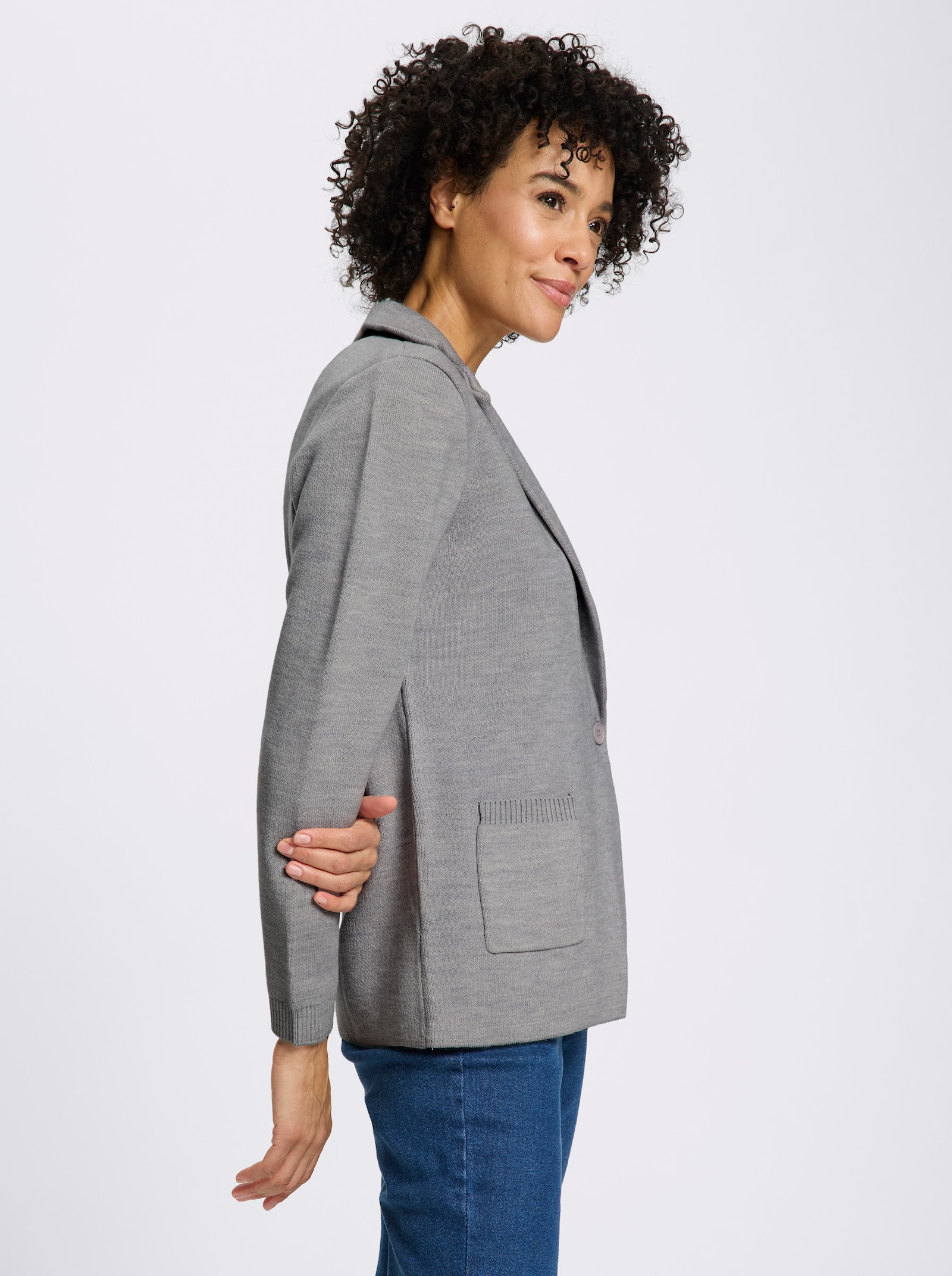 Jacquardstrickjacke im Blazer-Stil - steingrau-meliert