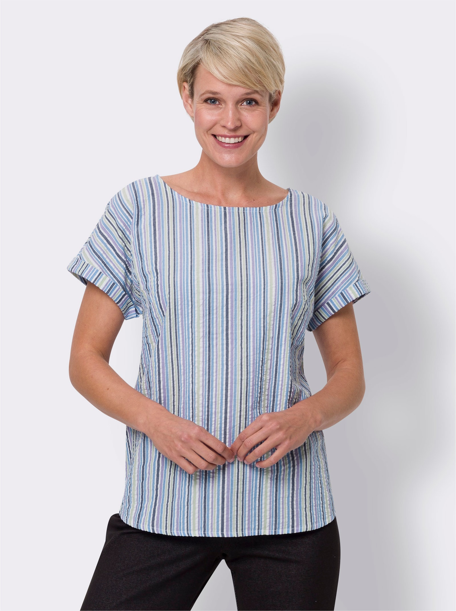 Comfortblouse van seersucker - wit/lavendel gestreept