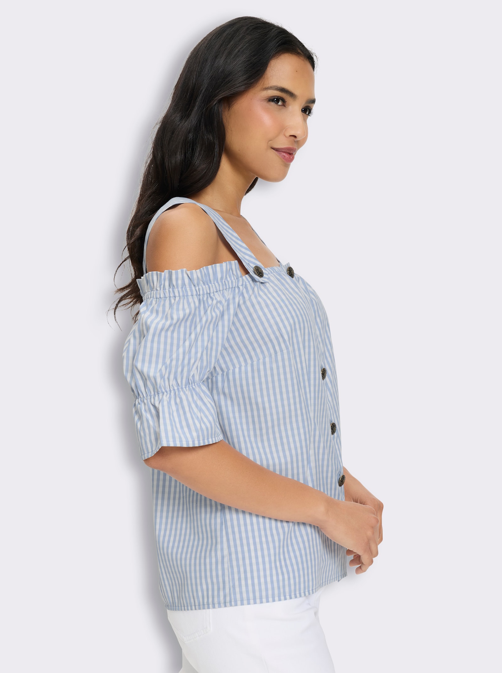 Trachtenbluse mit Raglan-Ärmeln - bleu-weiß-kariert