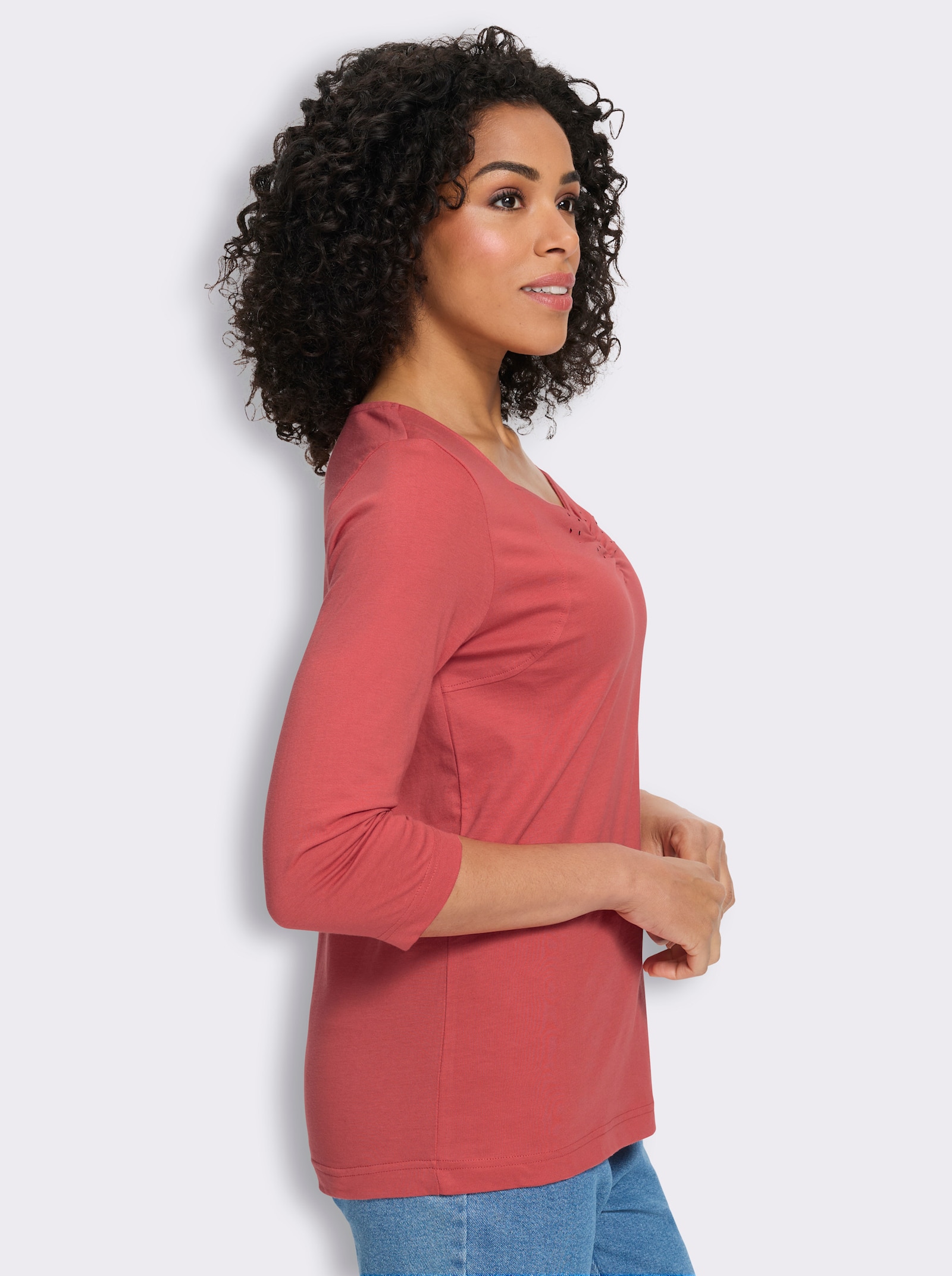 3/4-Arm-Shirt mit Herz-Ausschnitt, Baumwolle - grapefruit