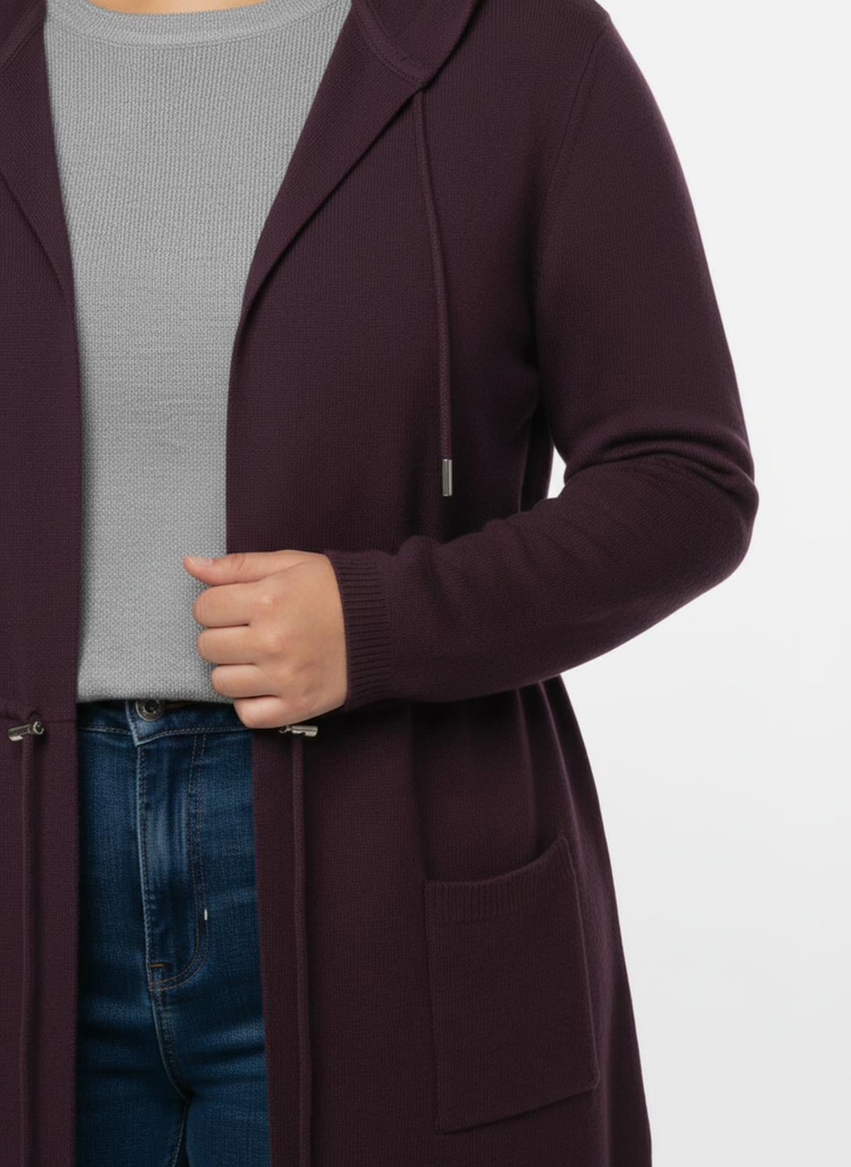 Kapuzenstrickjacke mit Tunnelzug in der Taille - burgund