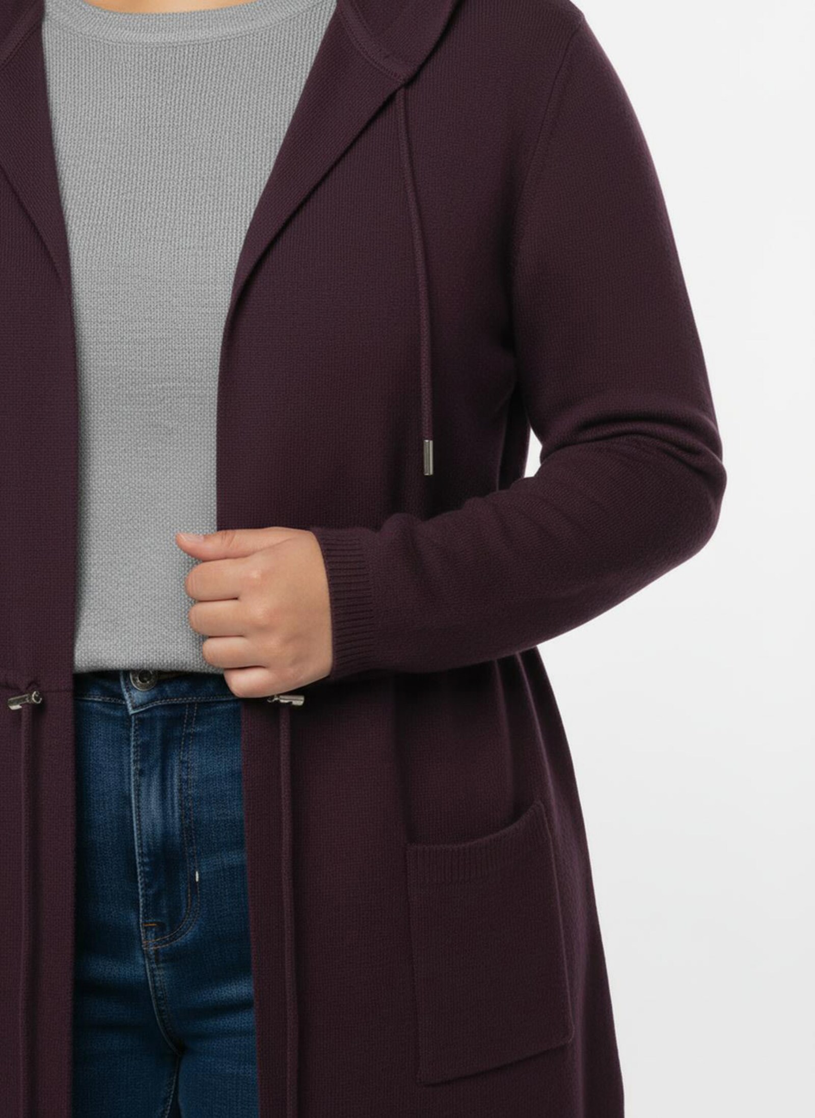 Kapuzenstrickjacke mit Tunnelzug in der Taille - burgund