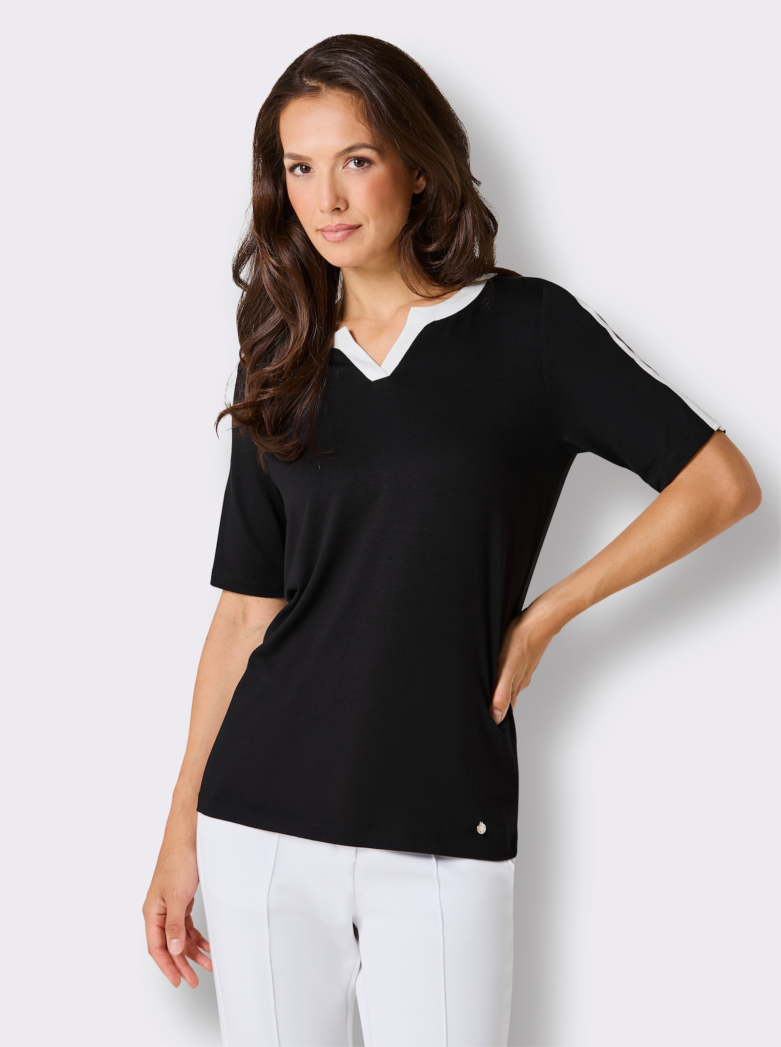 CREATION L PREMIUM Shirt mit Paspel-Verzierung - schwarz-ecru