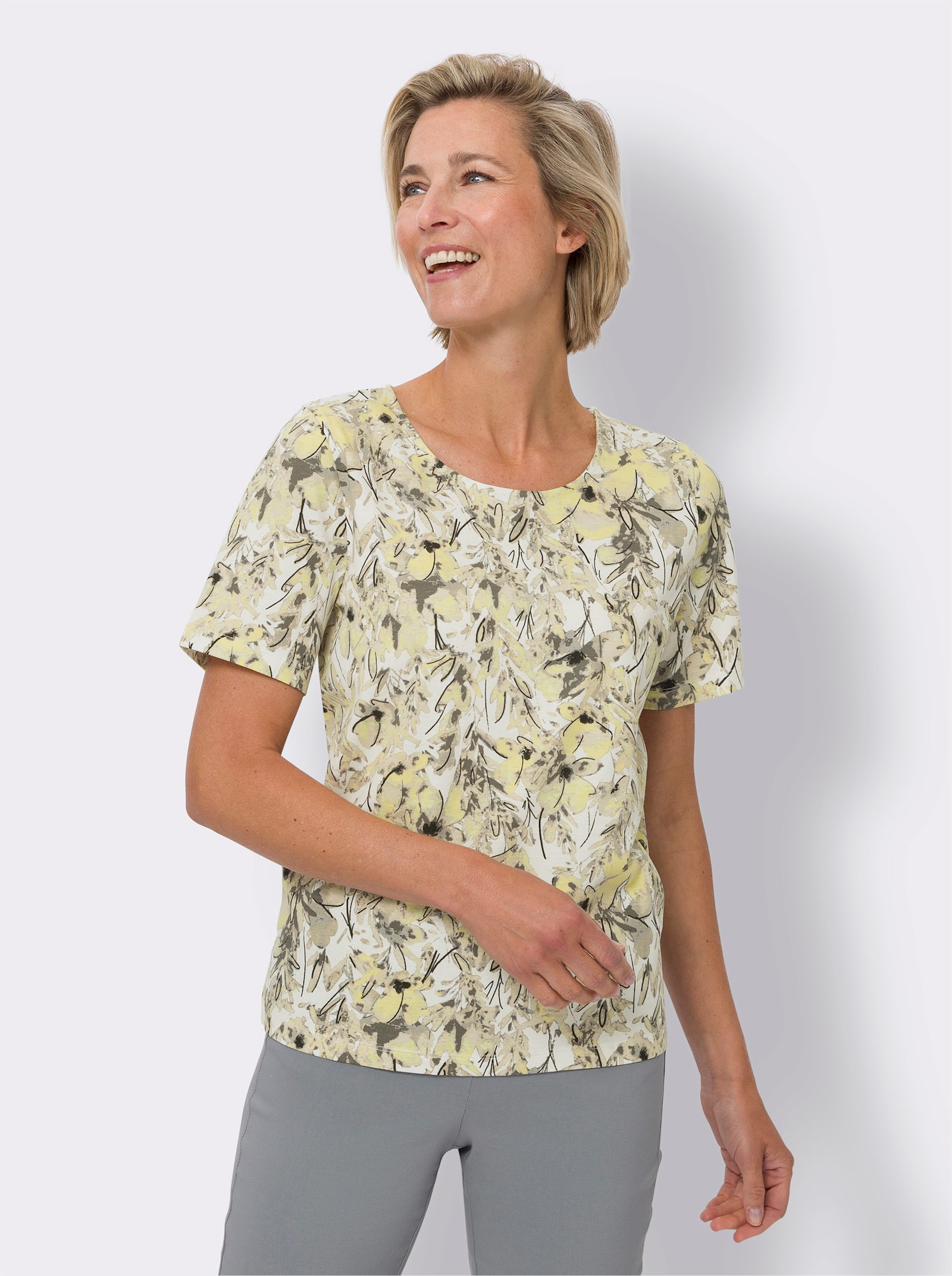 Kurzarmshirt im floralen Dessin - ecru-sand-bedruckt