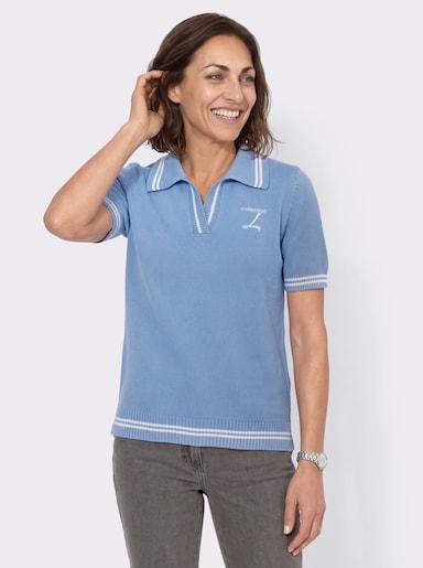 Polopullover mit Seitenschlitzen - himmelblau-ecru-geringelt