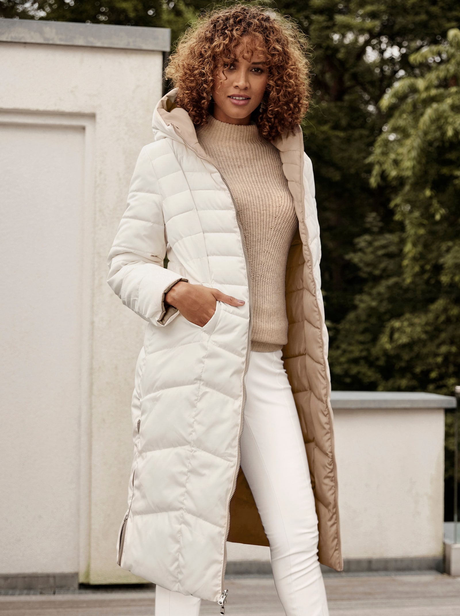 Keerbare doorgestikte mantel - ecru/taupe