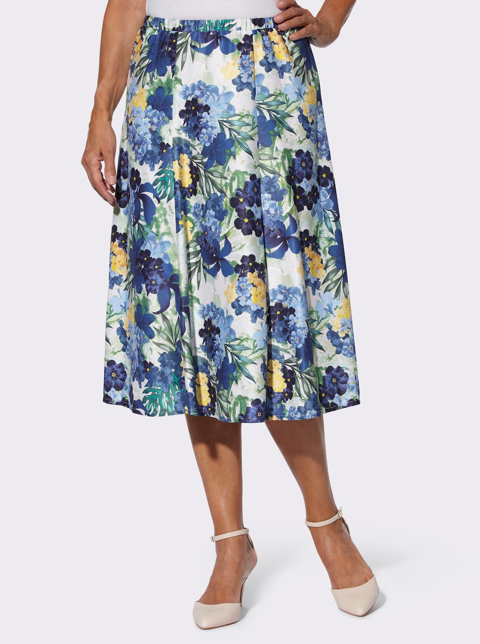 Schlupfrock in schwingender Bahnenform - royalblau-smaragd-bedruckt