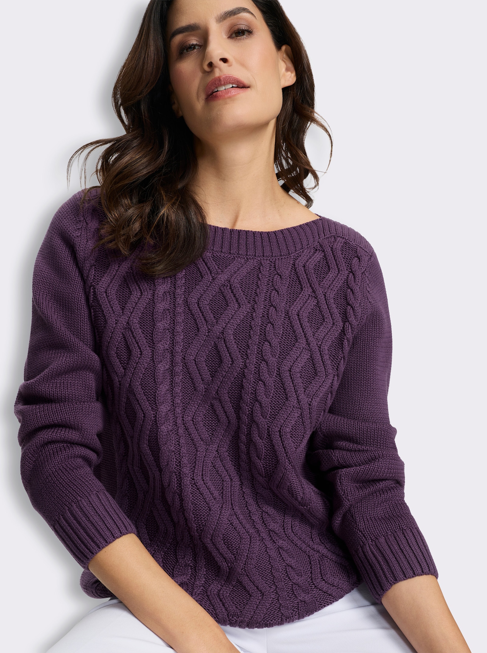 Pullover mit Zopfmuster-Mix vorne - traube