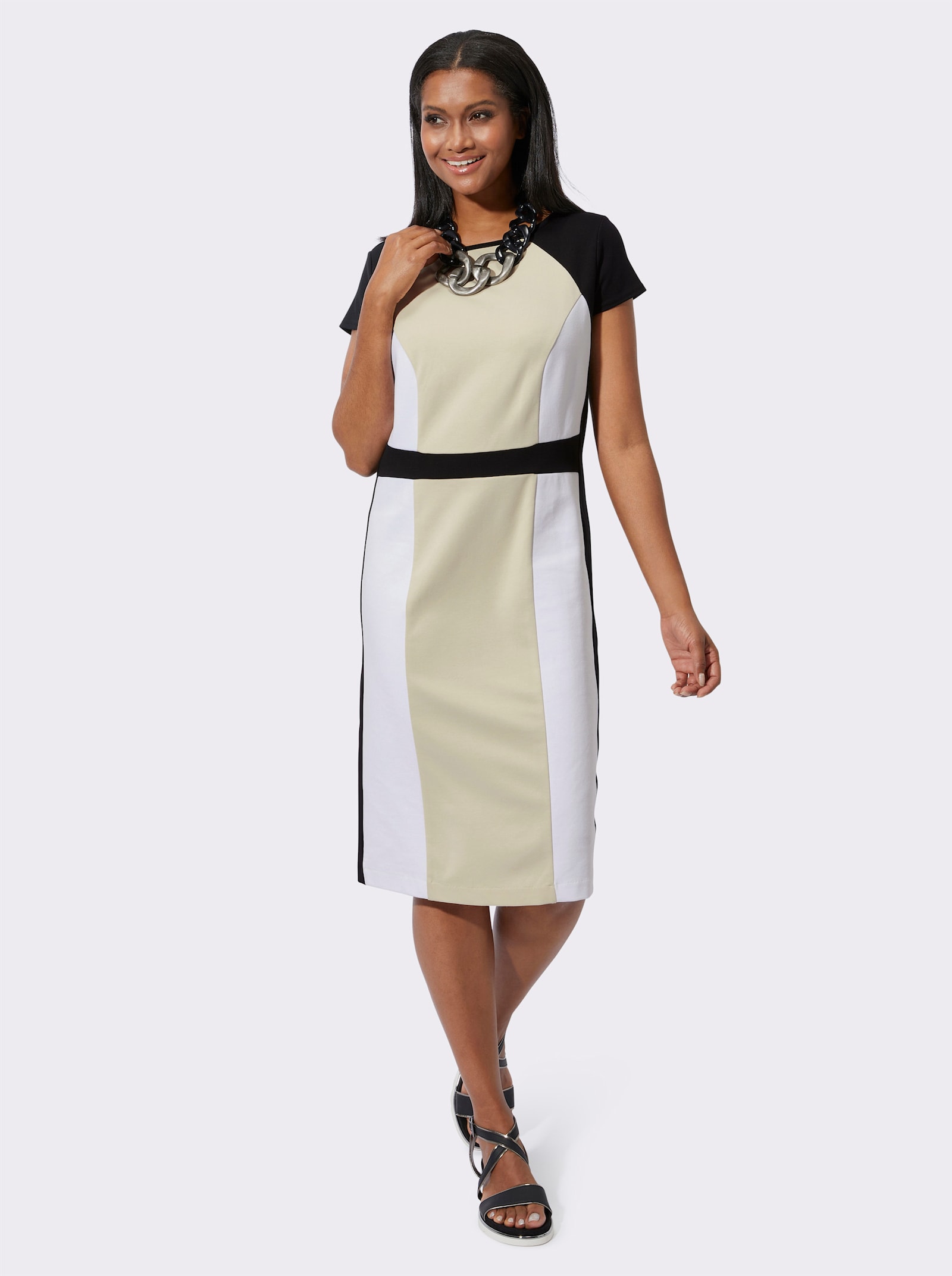 Jerseykleid mit Kontrast-Einsätzen - sand-schwarz
