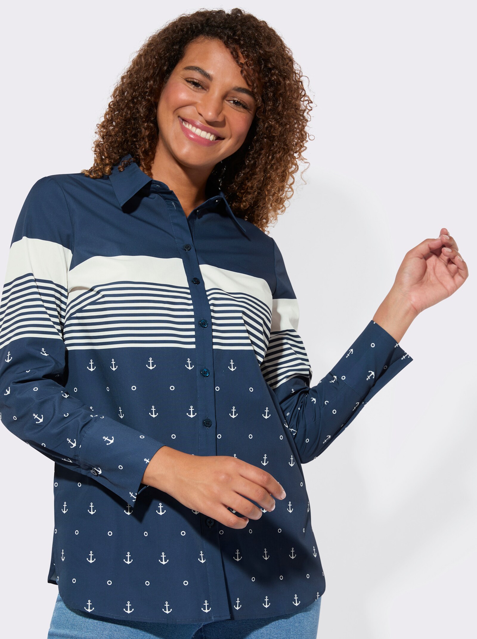 Langarm-Bluse mit Hemdkragen - dunkelblau-weiß-gestreift