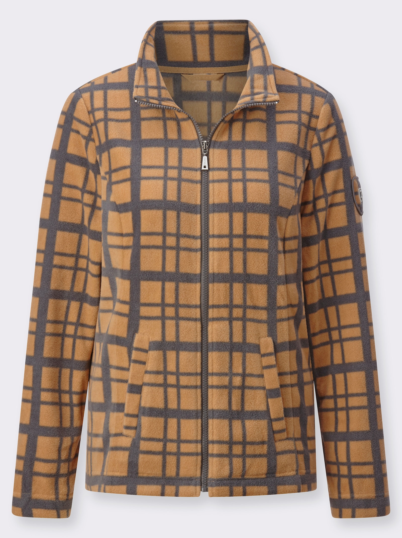 Fleecejack met ruitdessin - camel/antraciet bedrukt