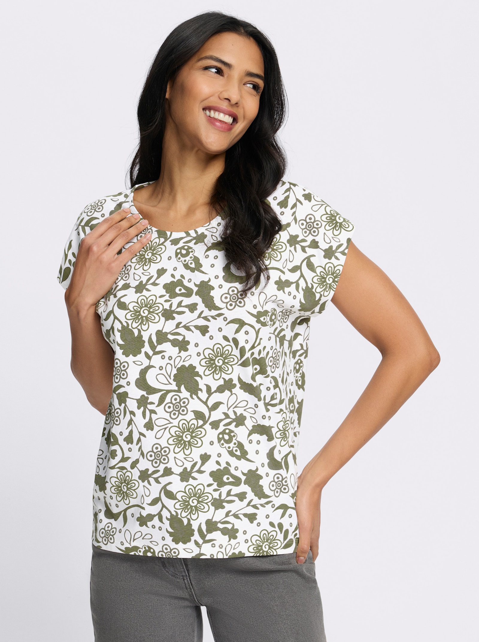 Kurzarmshirt im Paisley-Blüten-Mix - khaki-schilf-bedruckt