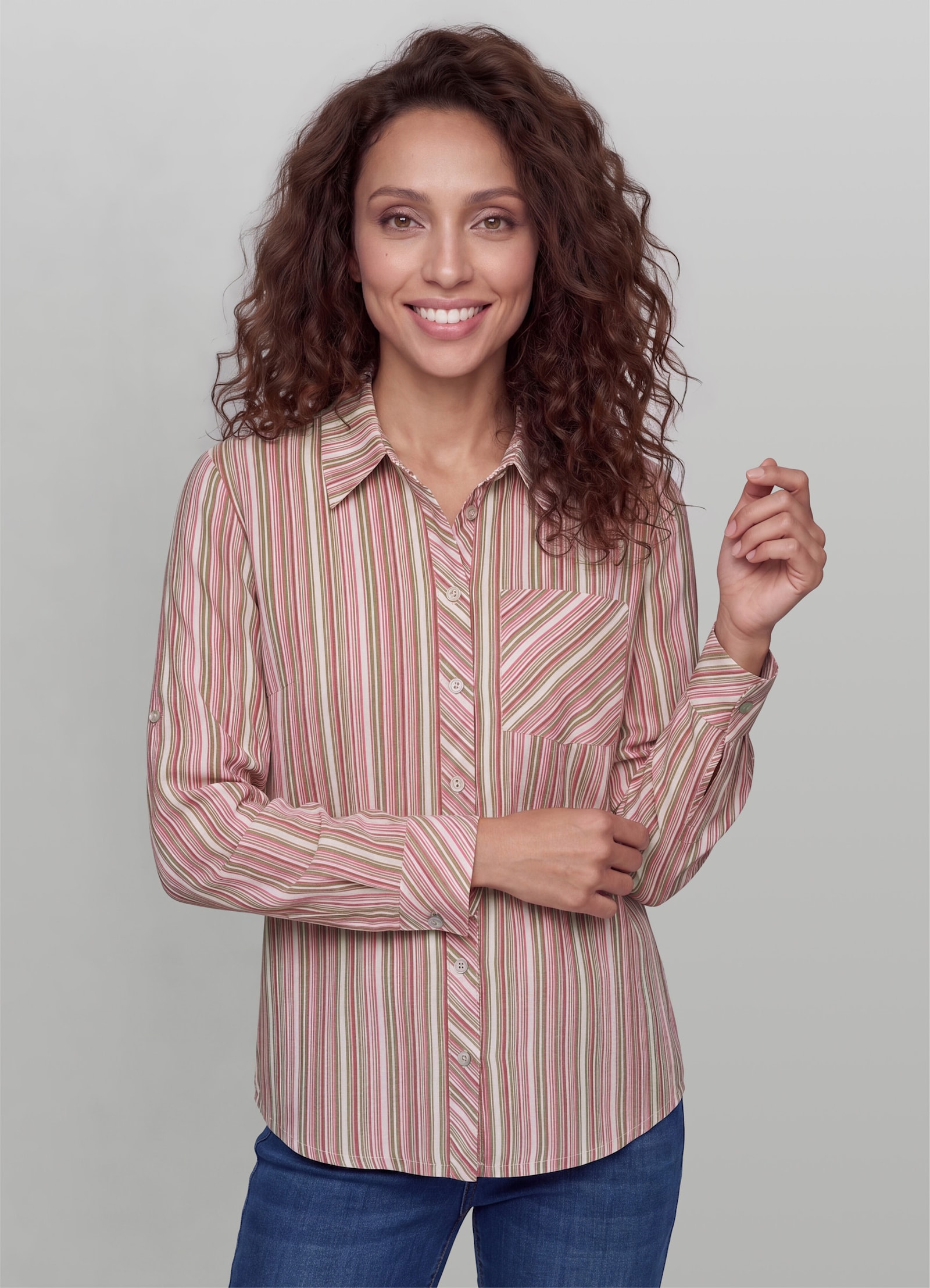 heine Gestreifte Bluse mit Brusttasche - flamingo-champagner-gestreift