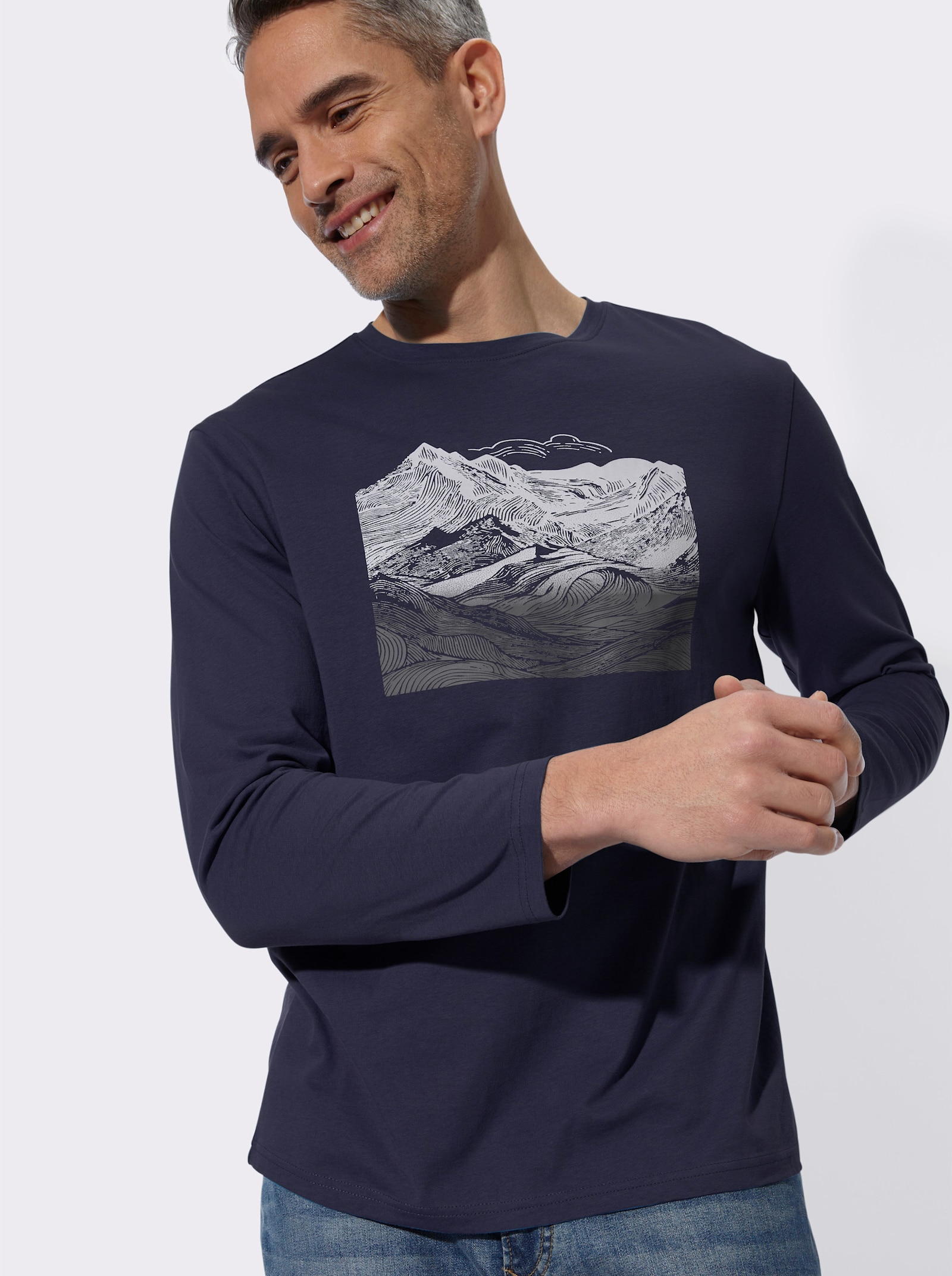 Langarmshirt mit Gebirgs-Druckmotiv - marine