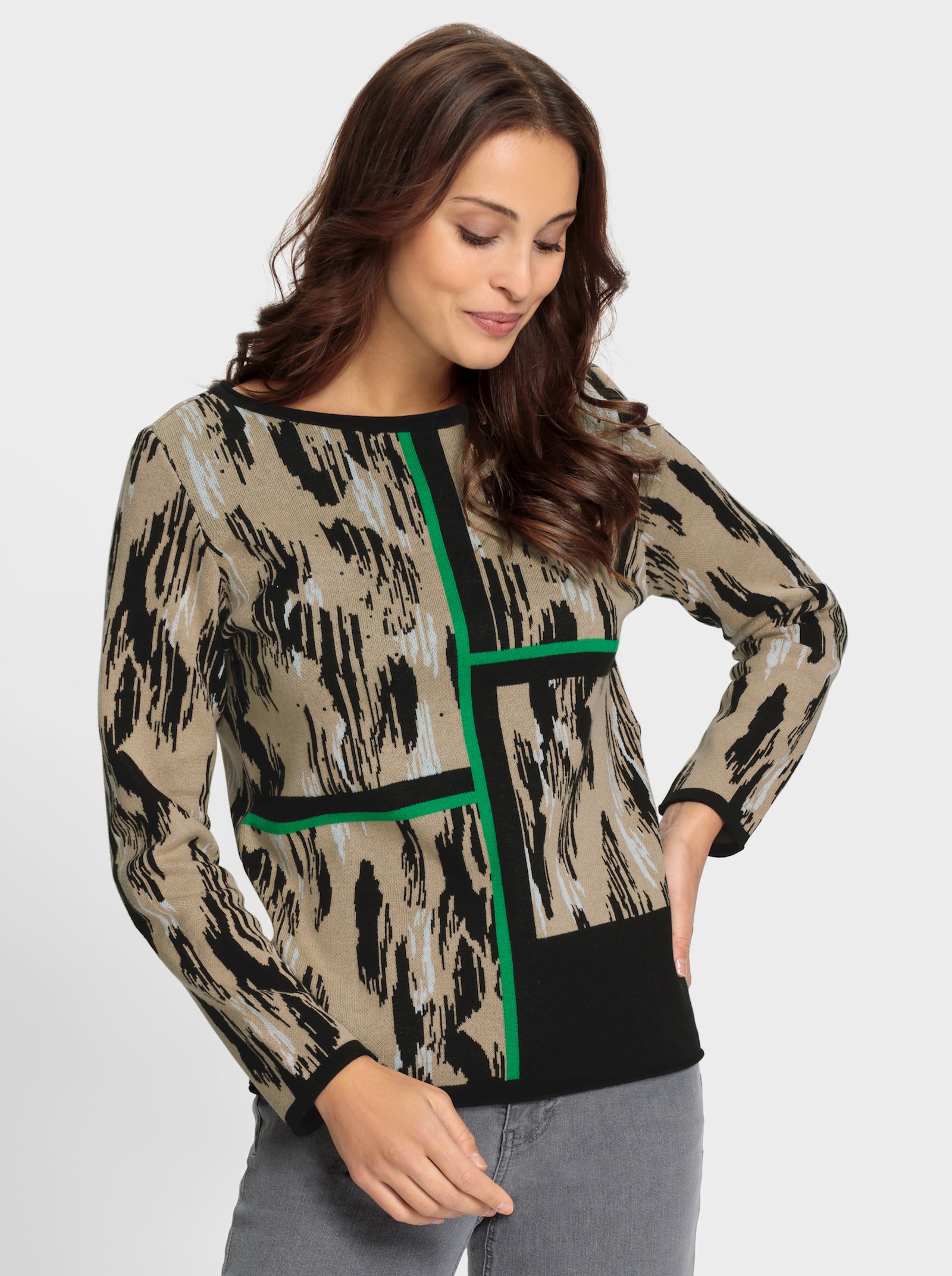 Pullover met lange mouwen en jacquardpatroon - beige/zwart gedessineerd